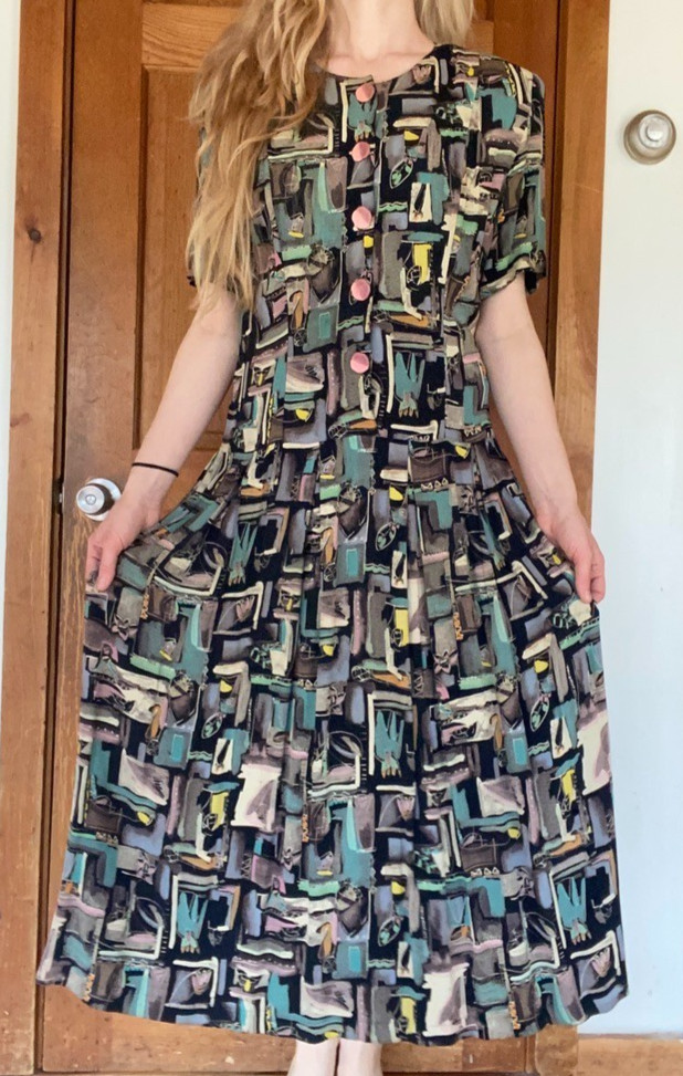 Vintage 90s Carole Little A-Line Dress Long Geometric Pastel Artsy Abstract Sz L