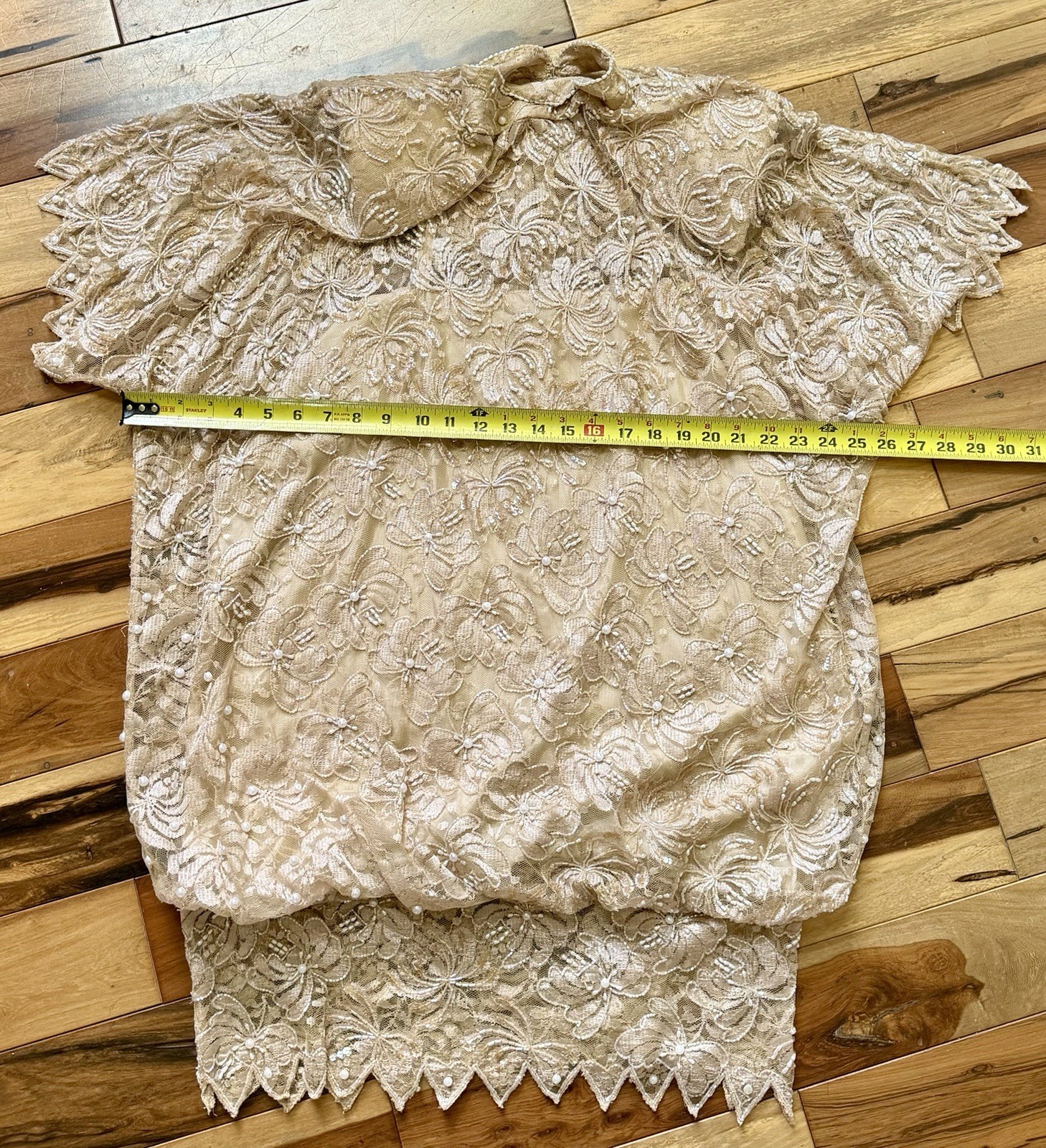 Vtg 80s CHAMPELLYSE Pure Silk Beaded Sequin Lace Tunic Dress M Drop Waist