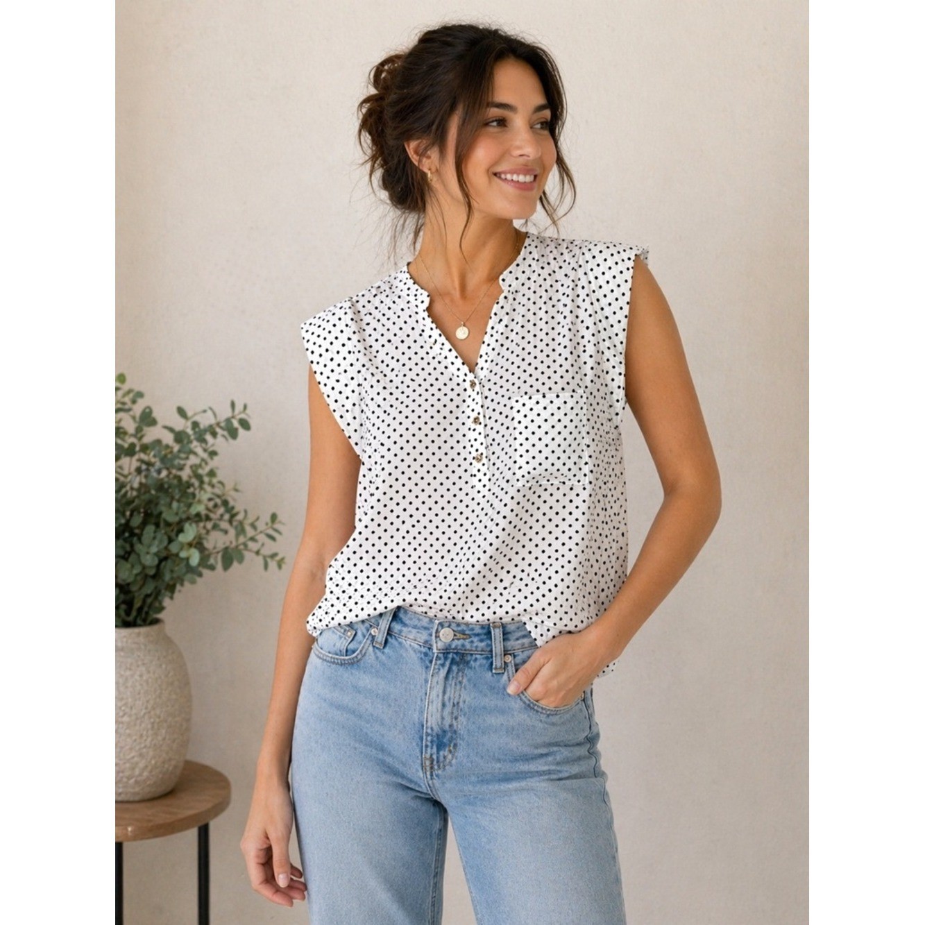 Sweet Rain Women&rsquo;s Retro Blouse Relaxed Fit Flowy Cap Sleeve Popover White Twee