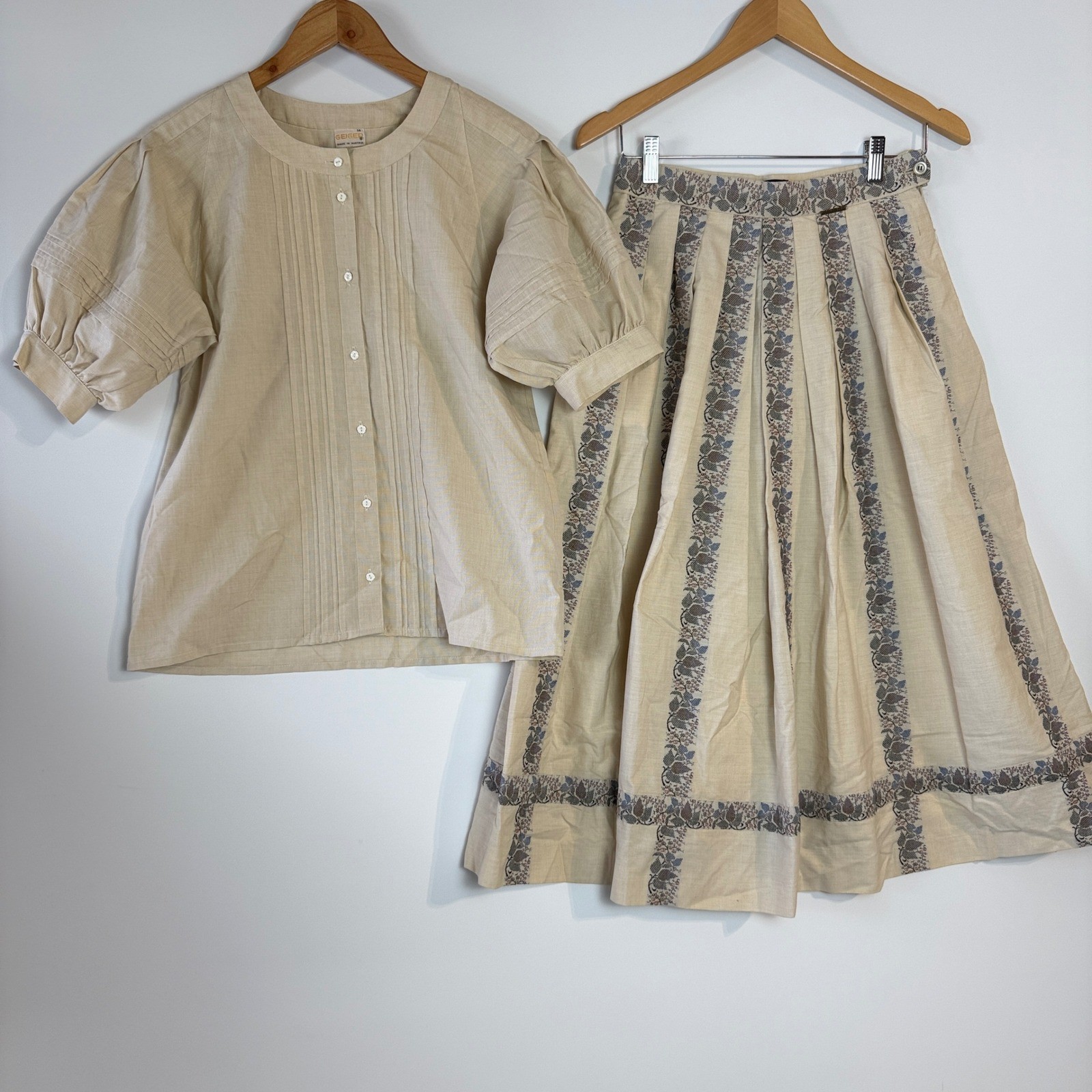 Geiger Skirt Blouse Set Women 38 Cotton Puff Sleeve Floral Vintage Austria