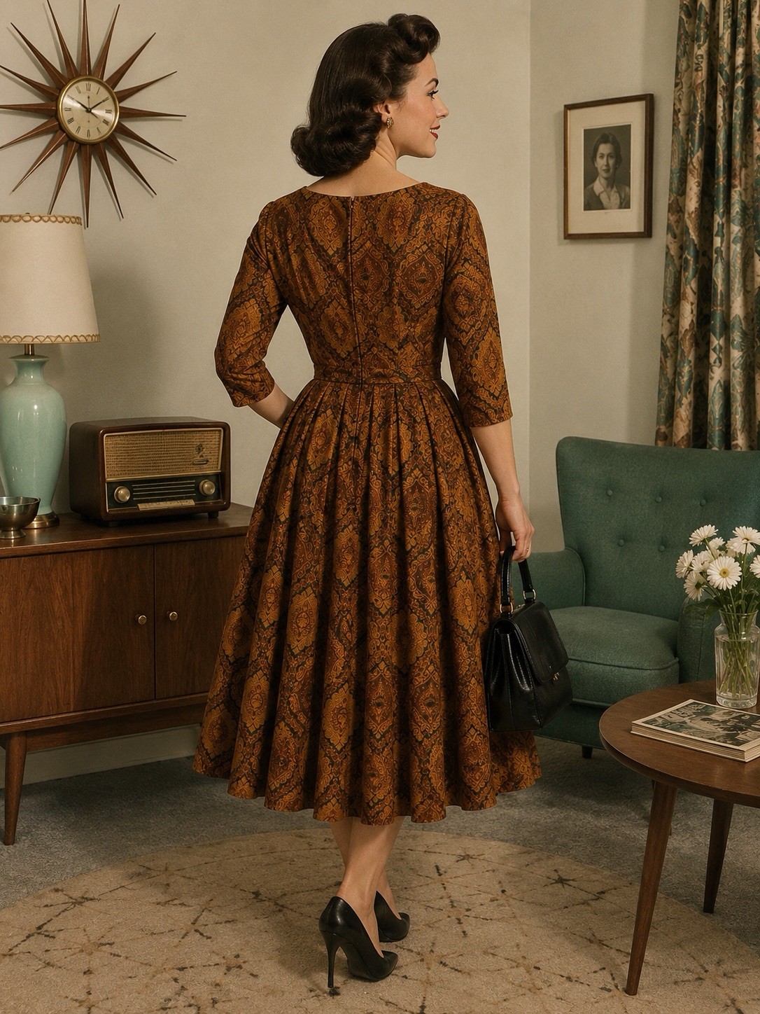 Vintage 50s 60s Fit & Flare Evening Dress Swing Skirt XS Copper Brown Paisley