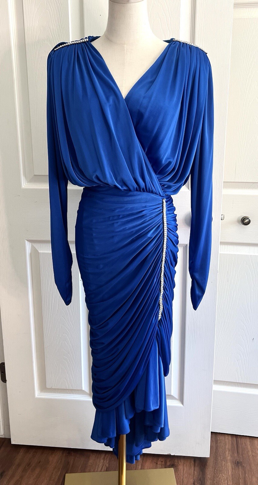 Vintage 1980s Blue Satin Jersey Draped Ruched Rhinestone Dynasty Evening Dress S
