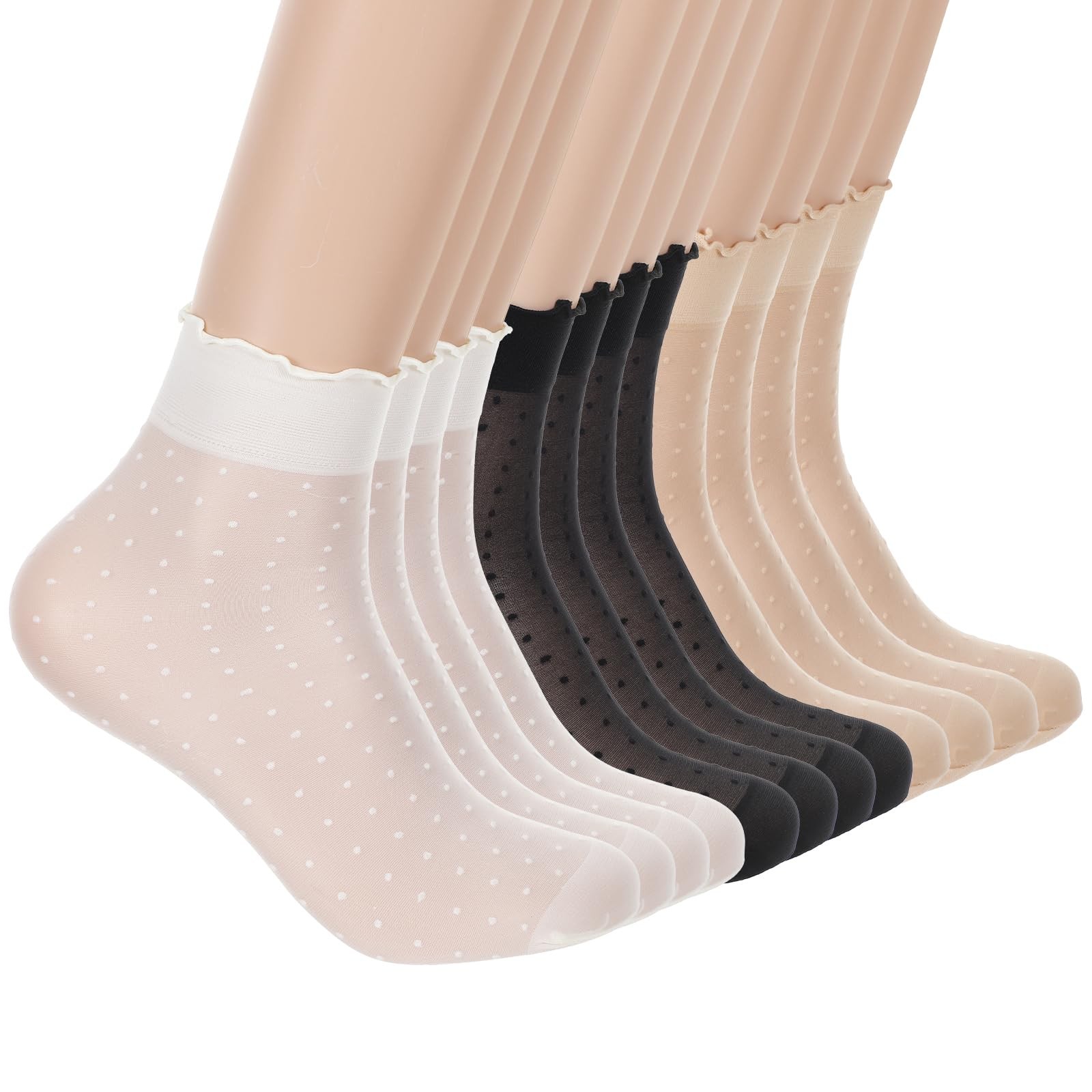 Bremorou 6Pairs Sheer Ankle Socks Medium Tall, Black, Off-white, Skin Tone