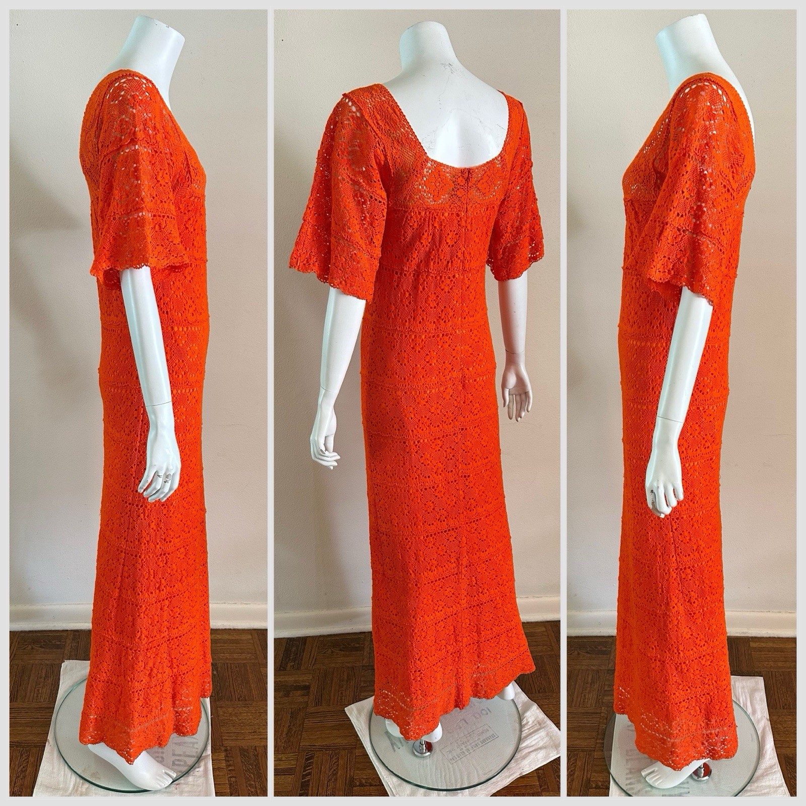 1970s Mexican Crochet Lace Maxi Dress Orange Cotton Boho Huipil XS S Vintage