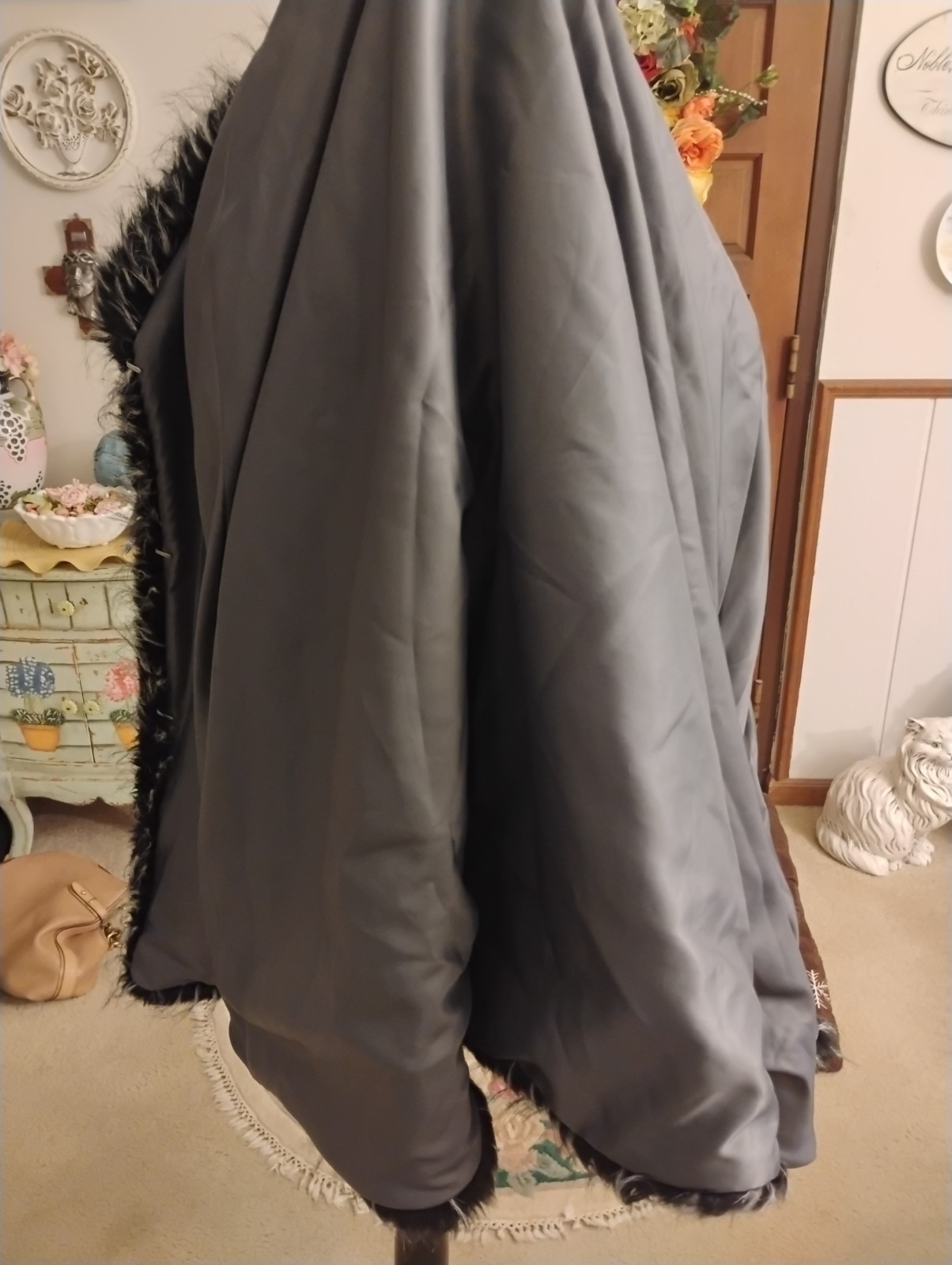 New-Faux Fur and Velveteen Gray and Black Cape. Fully Lined. Large to XL
