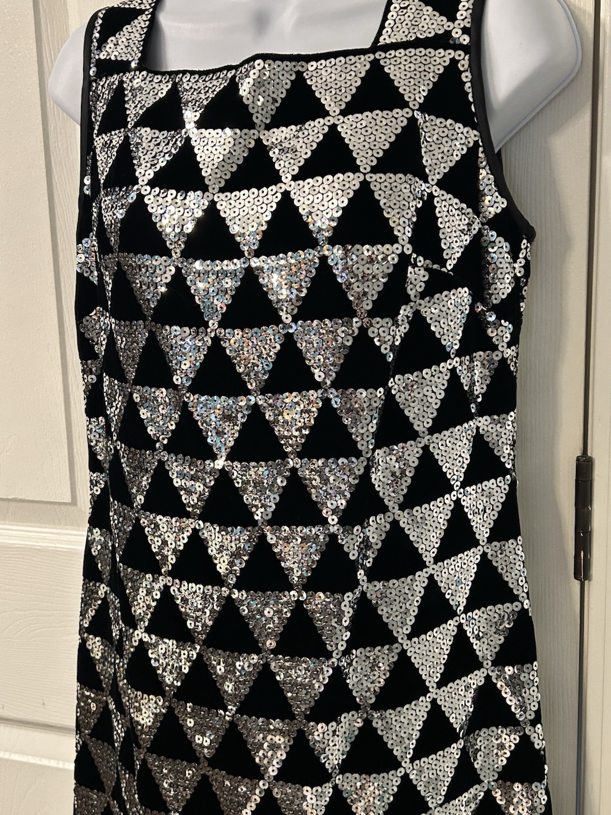 60s MOD Vintage Fredericks Black Silver Sequin Dress Party Gown Geometric Retro