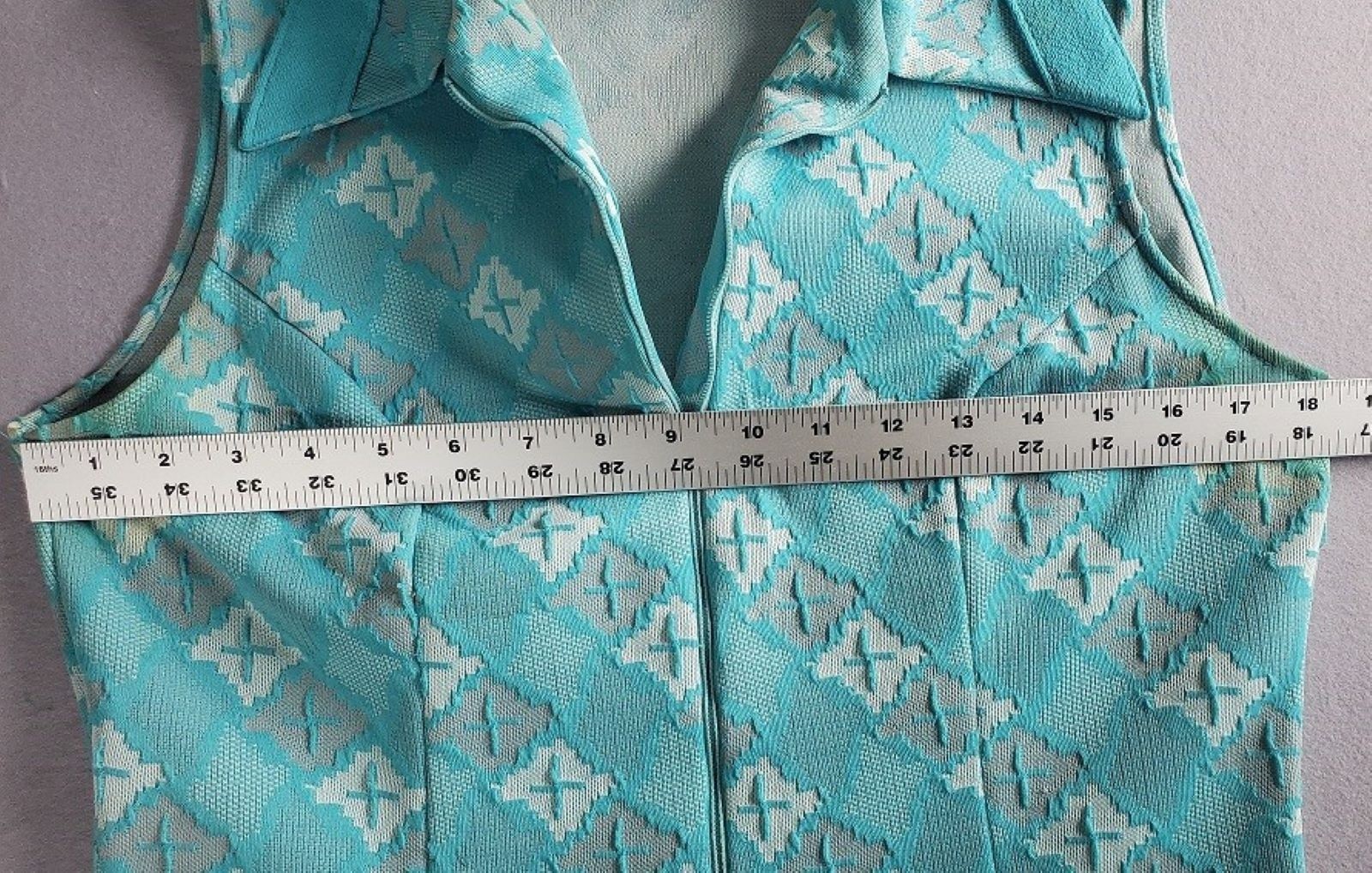 VTG 1970S Geometric Double Knit Shift Dress, Aqua/White Sleeveless Mod Tie L 12