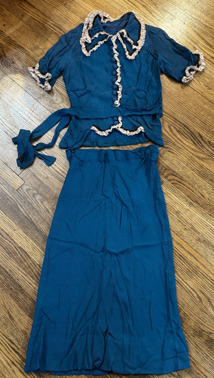 1930s Skirt & Blouse Set Teal Blue Ruffle Ladies Garment Workers Union 126385 XS
