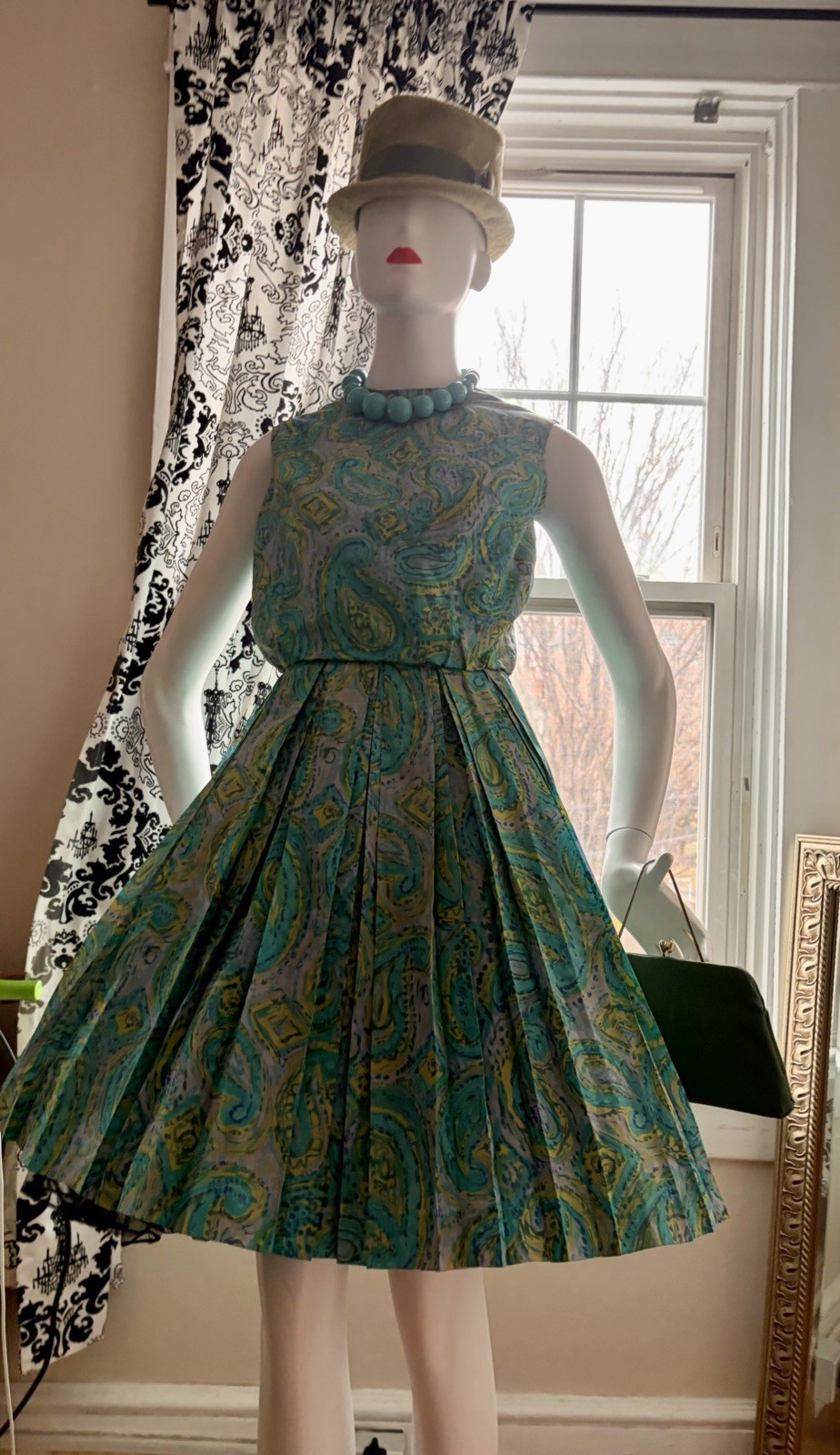 Vtg 50s 60s Bold Print Garden Party Dress Fit & Flair S 36/24 USA Union VLV 🔥