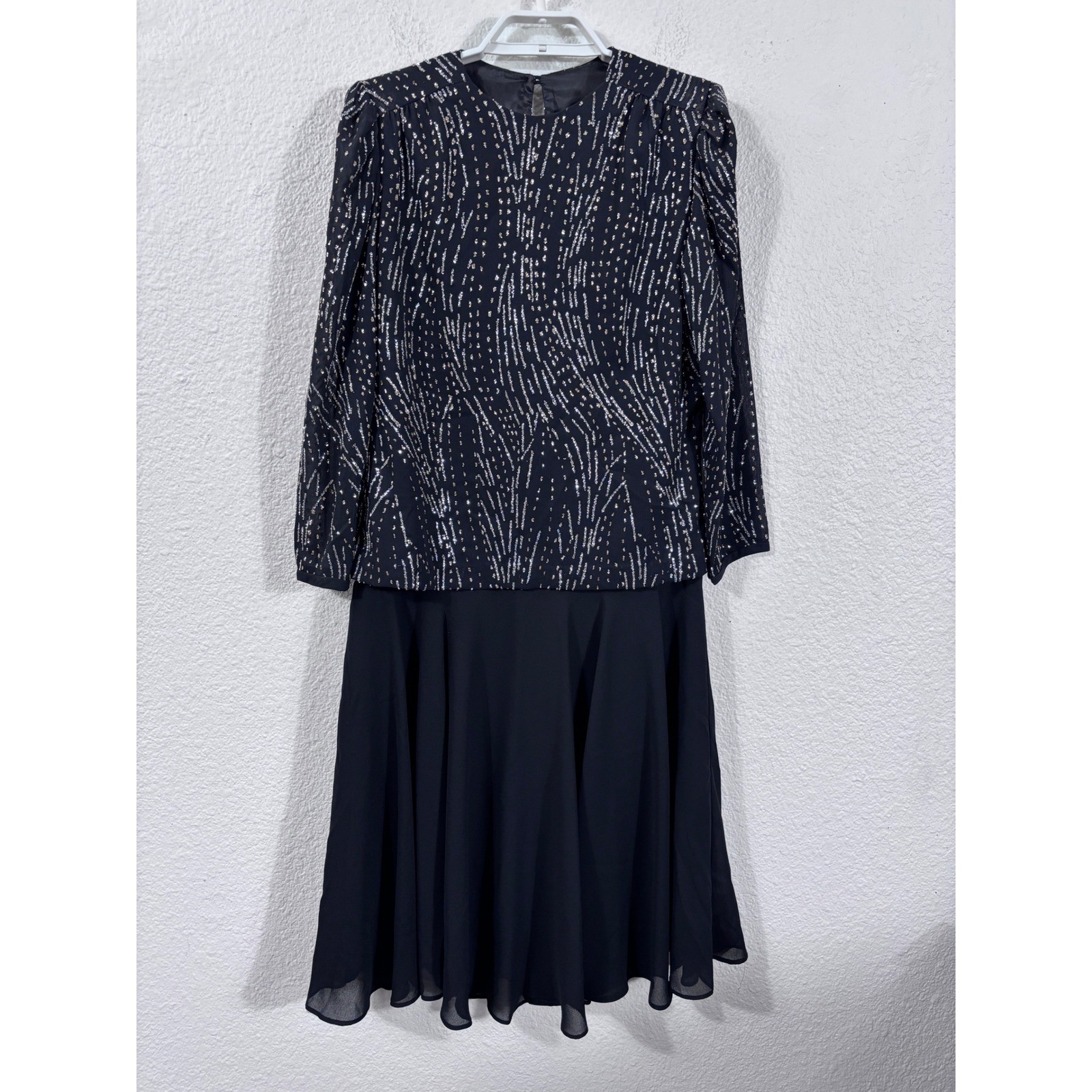 J.S.J. Dress Women Medium Black Vintage Sequin Chiffon Long Sleeve