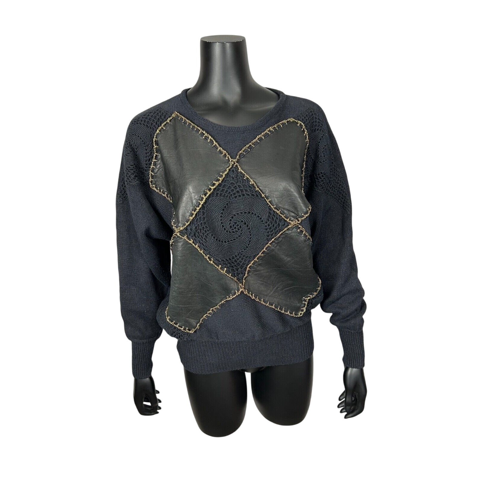 Andriano Black Sweater Patchwork Argyle Faux Leather Women&rsquo;s Small Vegan Vintage