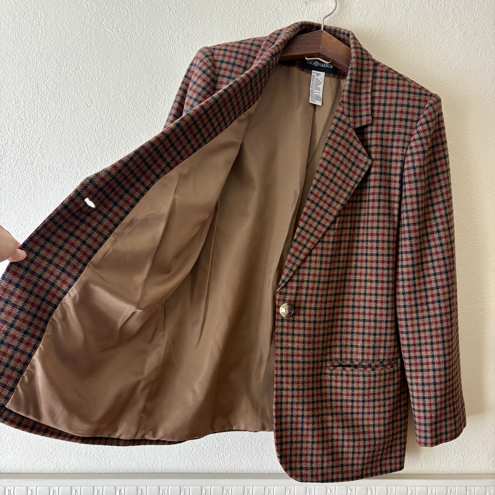Vintage Sag Harbor Blazer Wool Blend Women’s 8 Tan Red Houndstooth Jacket 90s