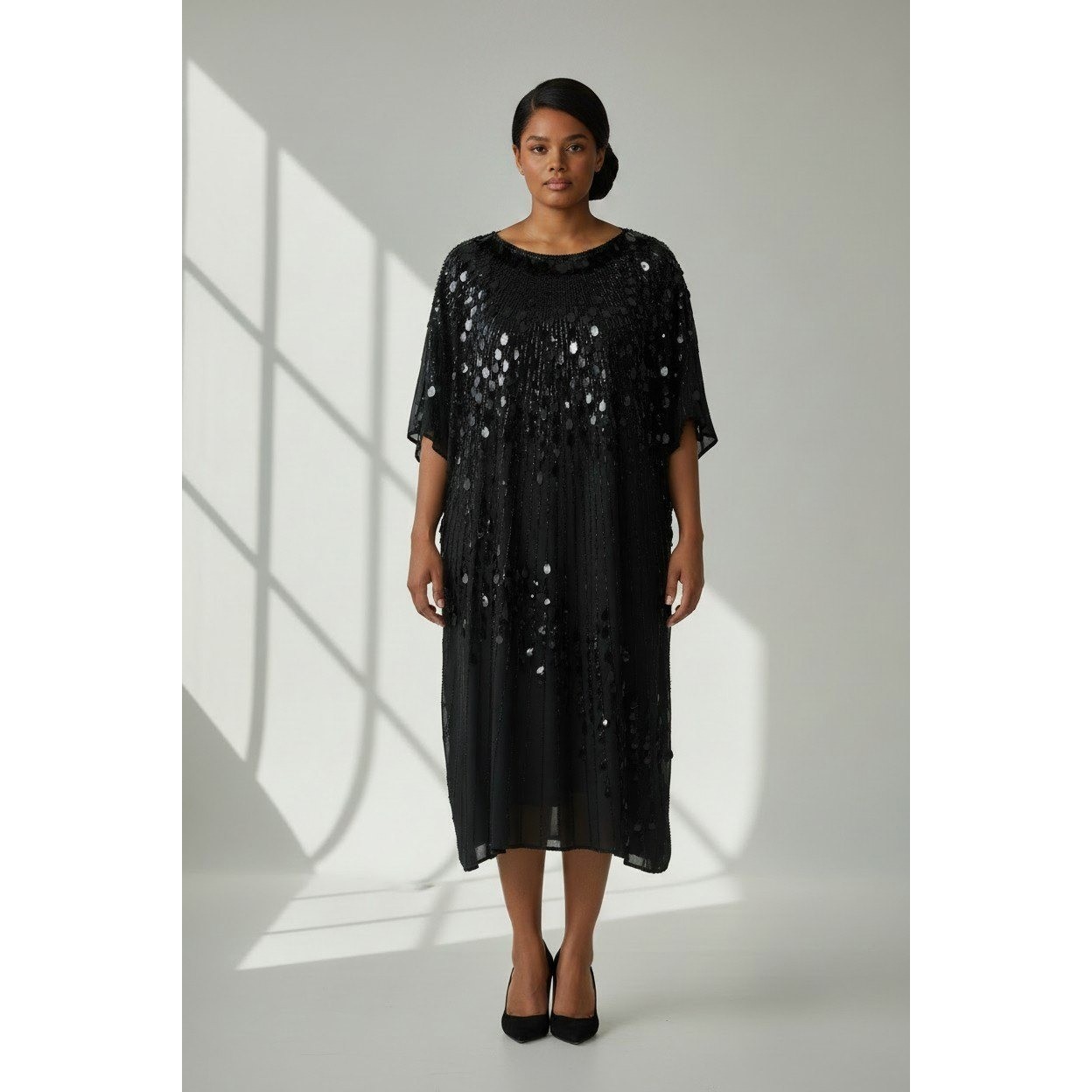 Oleg Cassini Vintage Black Tie Shift Dress Womens 14 Silk Beaded Sequin Formal