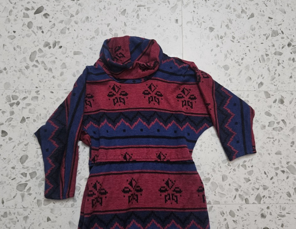 80s Stuart Alan Petites Multicolor Southwest L/S Cowl Neck Dress Sz 4