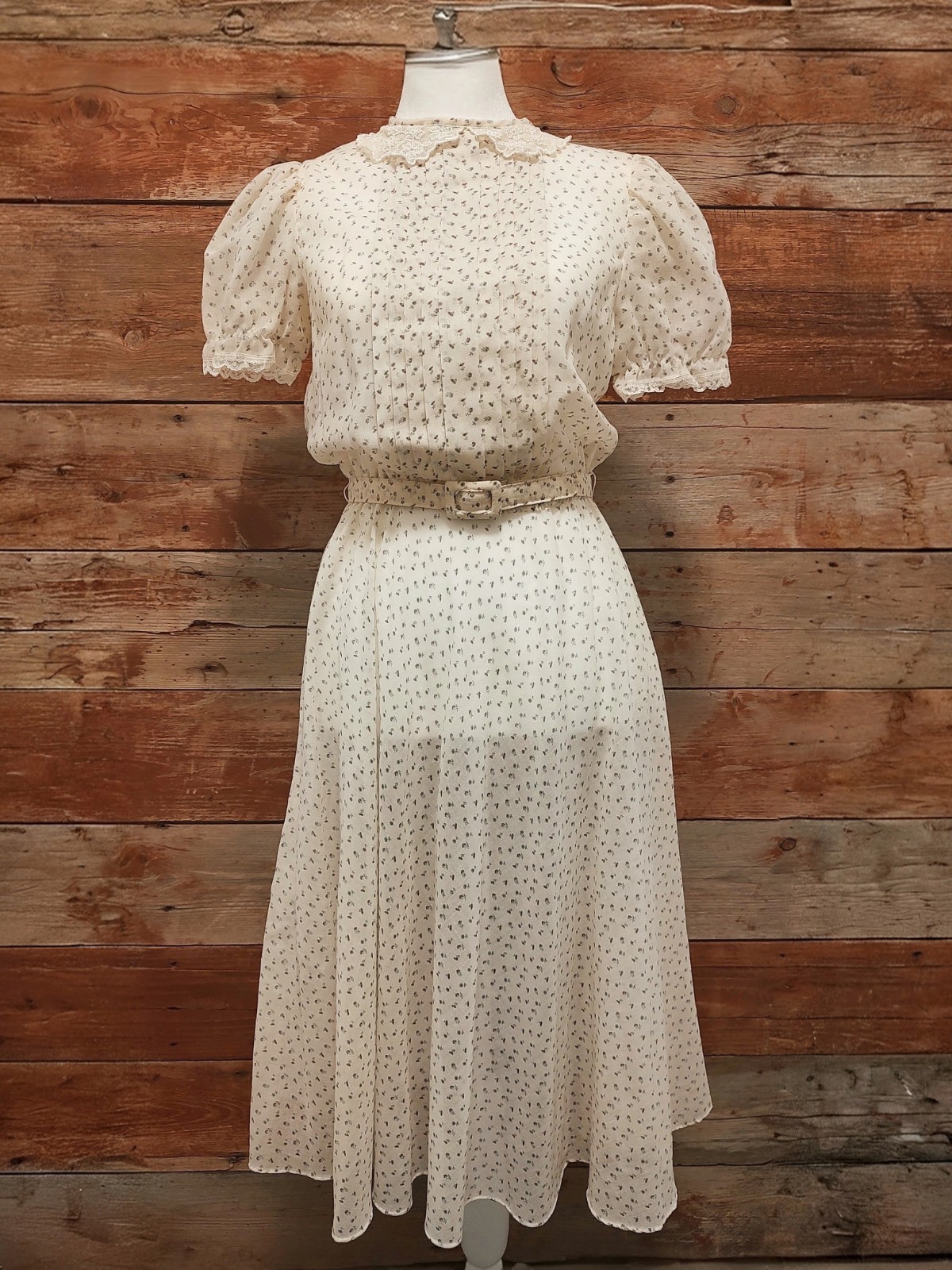 Vtg Sheer Prairie Dress Size 6 Floral Boho Lace Collar Puff Sleeve Belted Midi