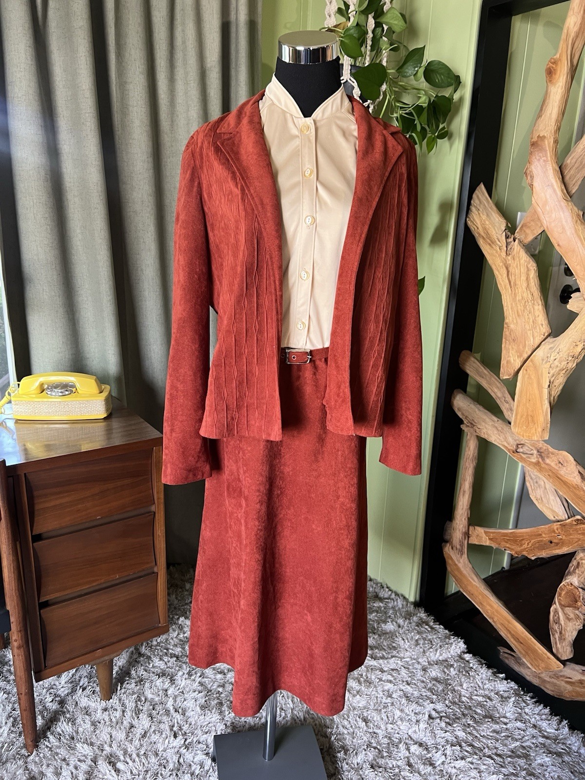Vintage 70s/80s Secretary Suit Set with Belt and Jacket Faux Suede 3 Piece Set