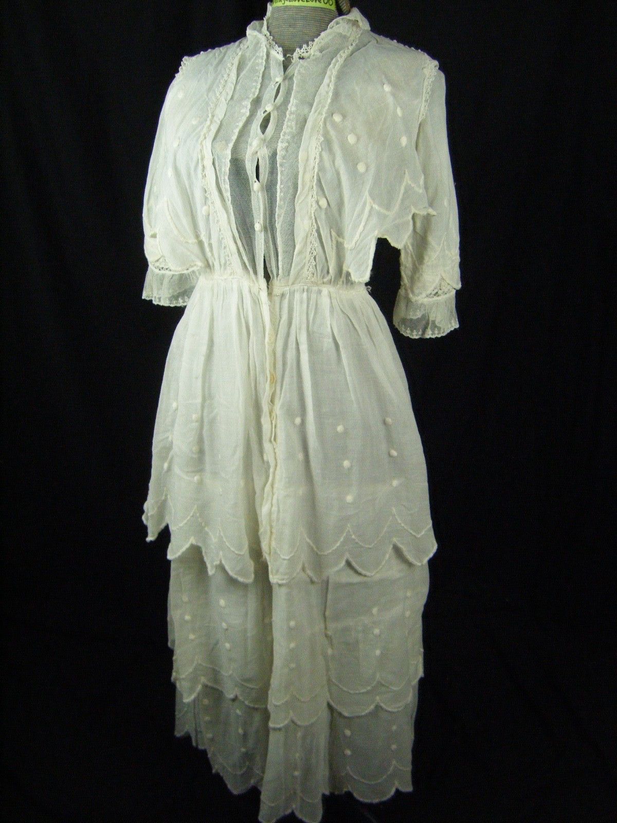 Antique 1910s Edwardian White Dots Scalloped Tea Dress-Bust 30/3XS,AS-IS