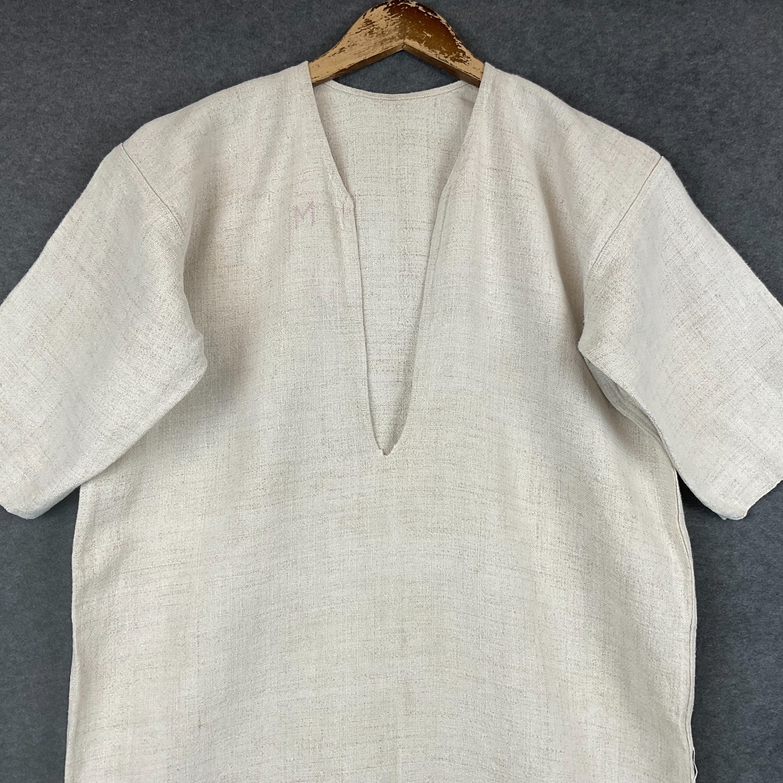 Antique Peasant Dress Ukrainian Handwoven Hemp Homespun Shirtdress Monogram M
