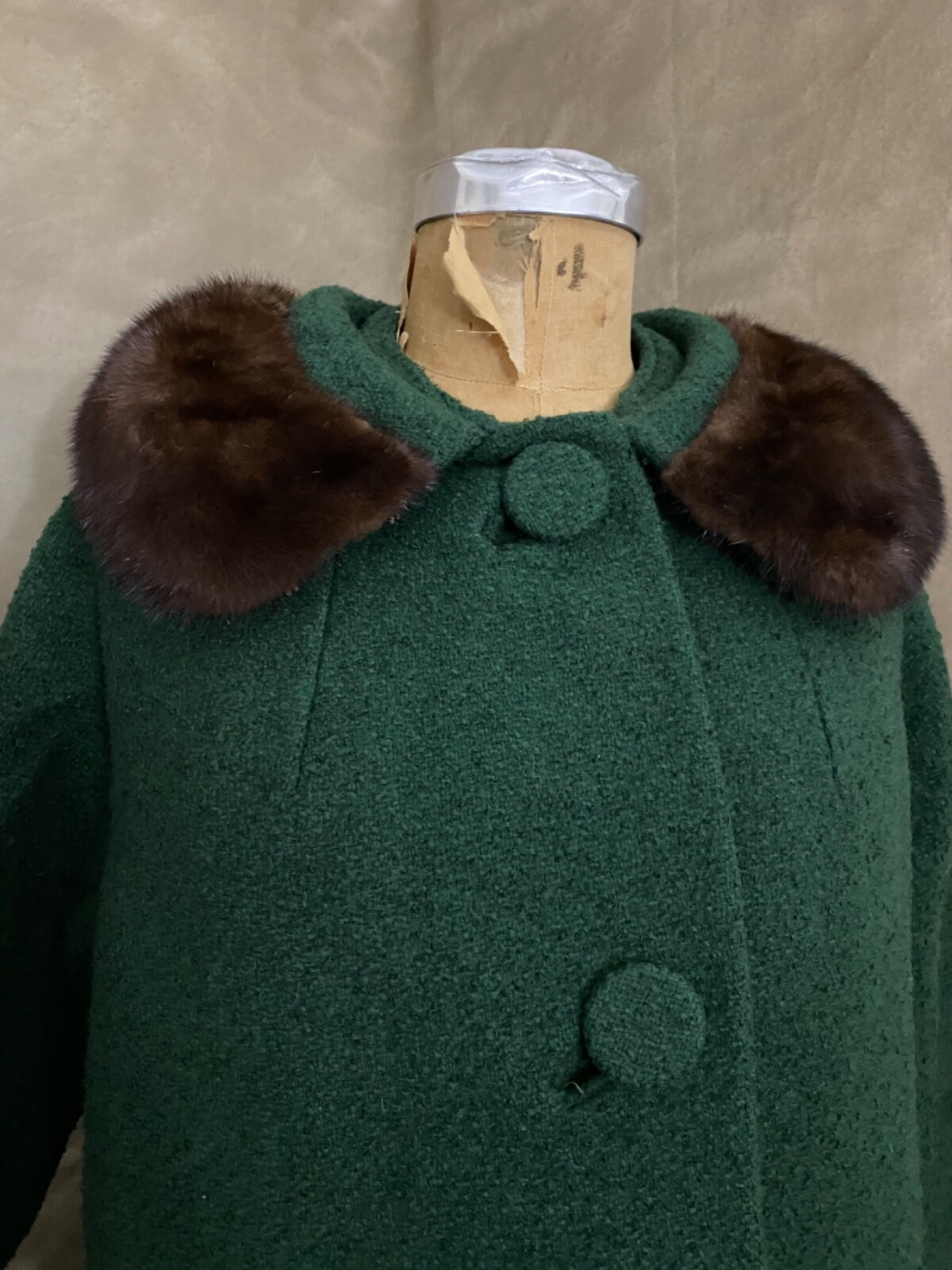 Vintage FOREST GREEN BOILED WOOL Coat MINK FUR COLLAR Copper Satin Lining M