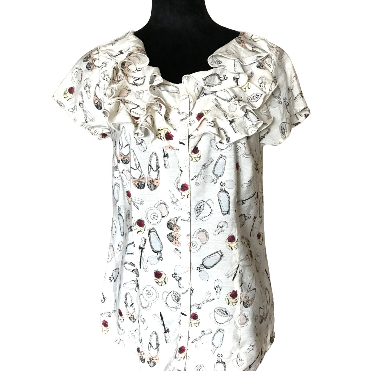 Van Heusen Studio Ruffled Blouse Vintage Top Heels & Coffee Print Women&rsquo;s Sz M