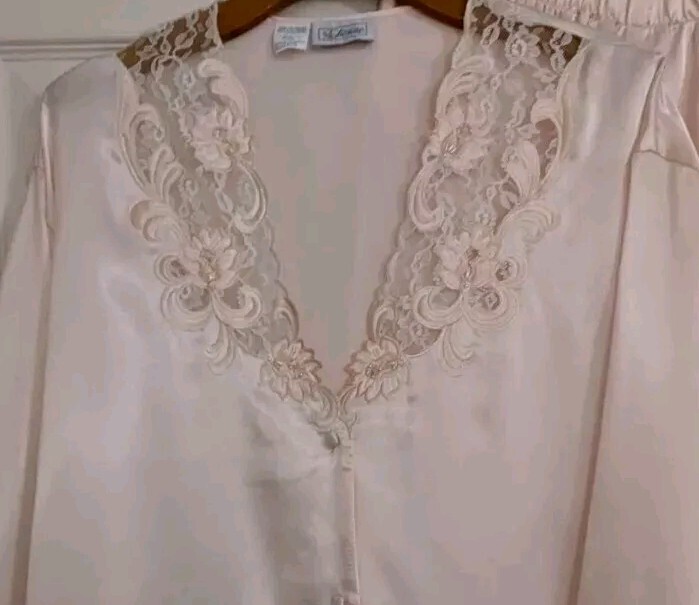 Vtg 80&rsquo;s Etienne 2 Piece Pajamas Sz Large Blush Pink Silky Satin, Beaded Lace