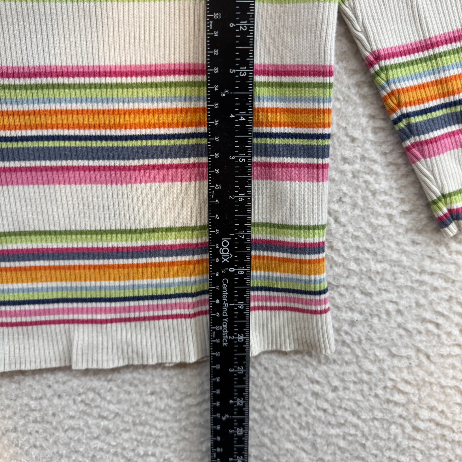 Y2K Vintage Striped Sweater Top Medium Colorful Rib Knit Boat Neck 3/4 Sleeve