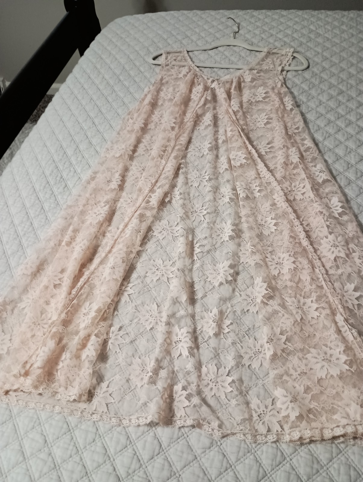 Blanche Vtg Beige Sz L Nylon Solid Lace Negligee Sleeveless Robe Kimino