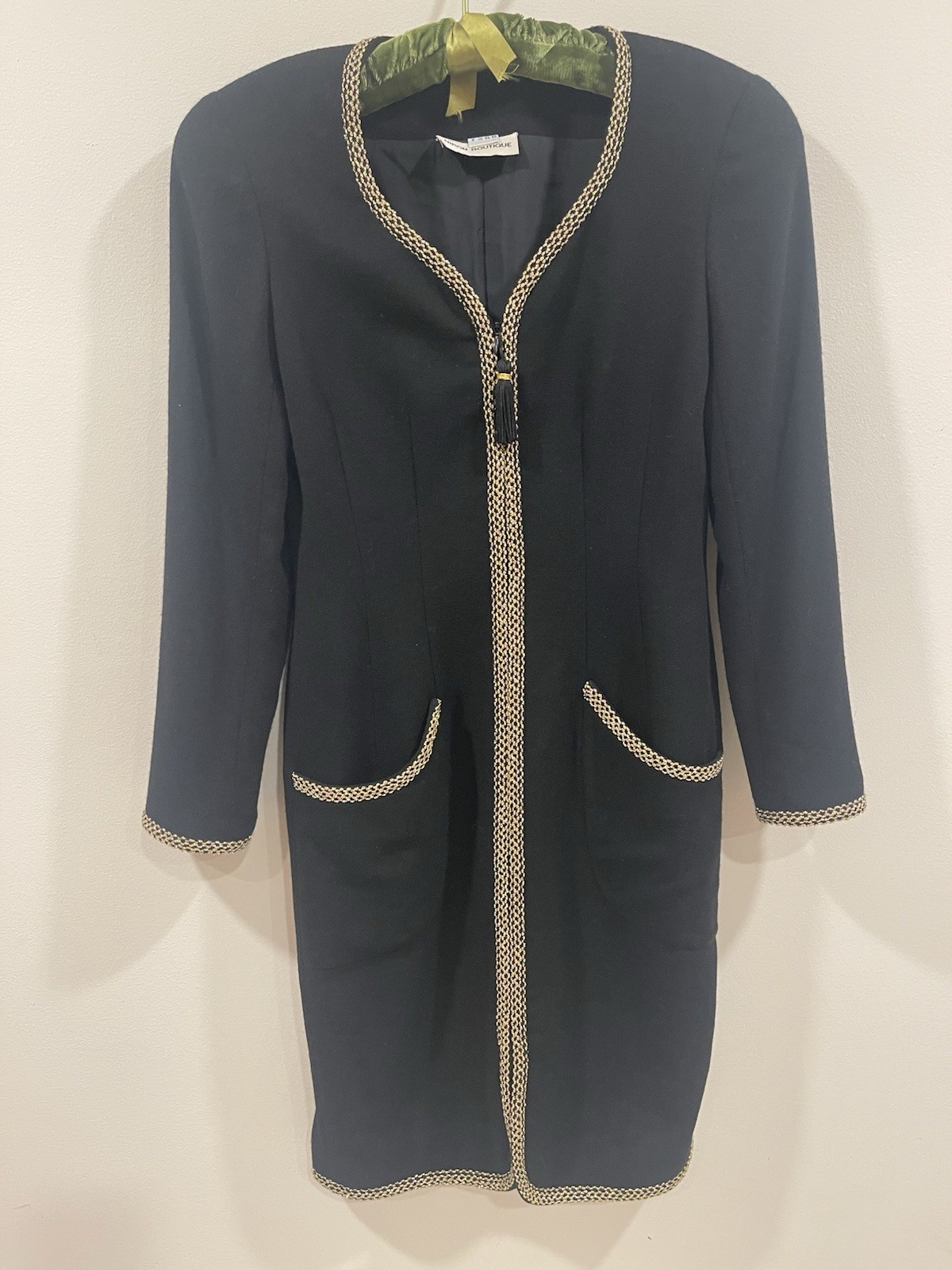 Albert Nipon Vintage 100% Wool, Blazer Dress. Black & Gold Full Zip Front Size 6