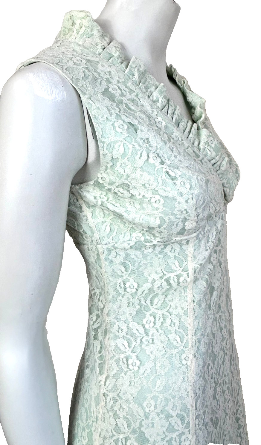 50s Lace Column Dress Size S Aqua Ruffle Sleeveless Lined Ruffle Empire Vintage