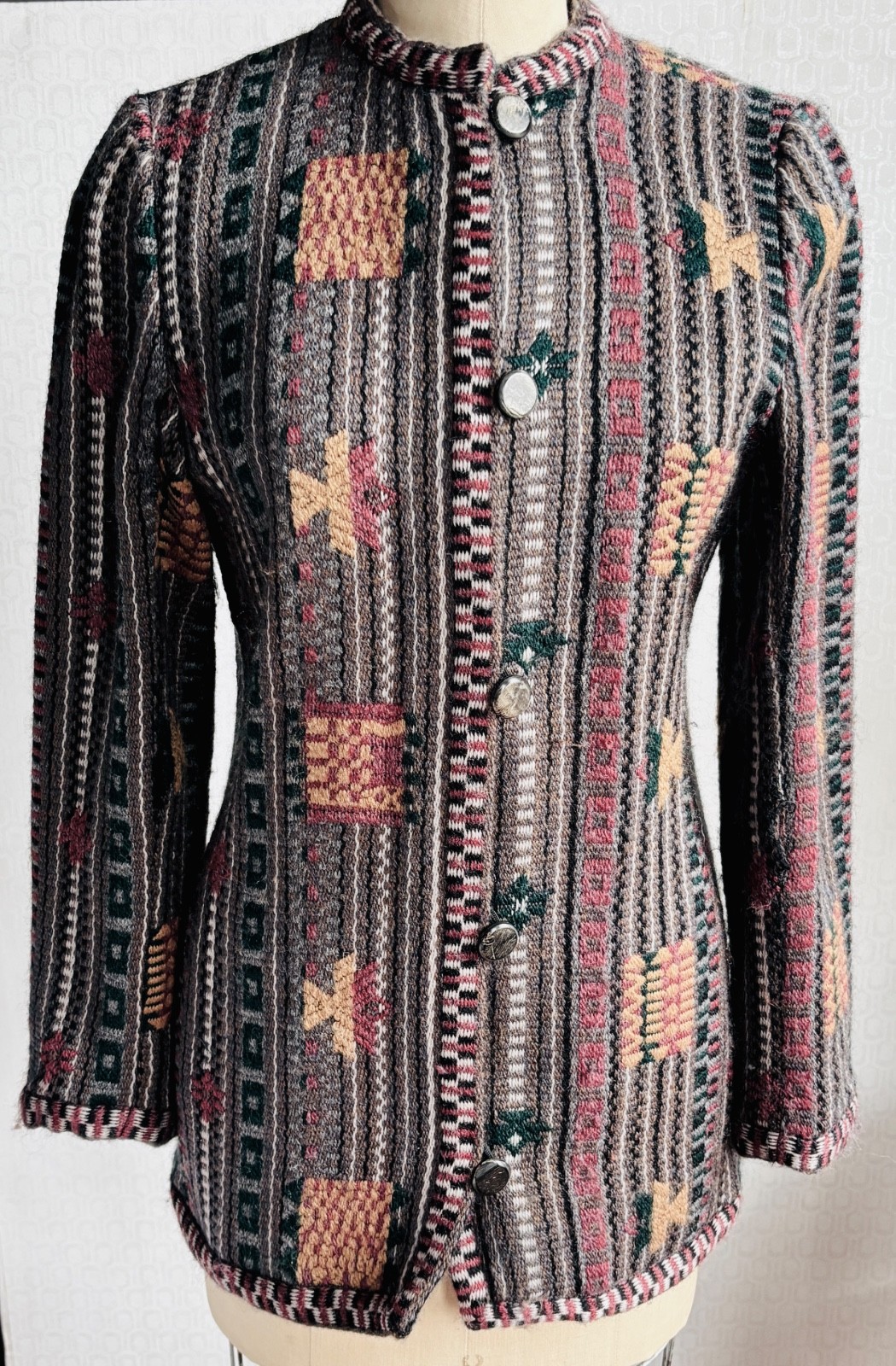 VTG EMANUEL UNGARO GRAY-BROWN SOUTHWEST NATIVE PRINT CARDIGAN SWEATER JACKET*S 4