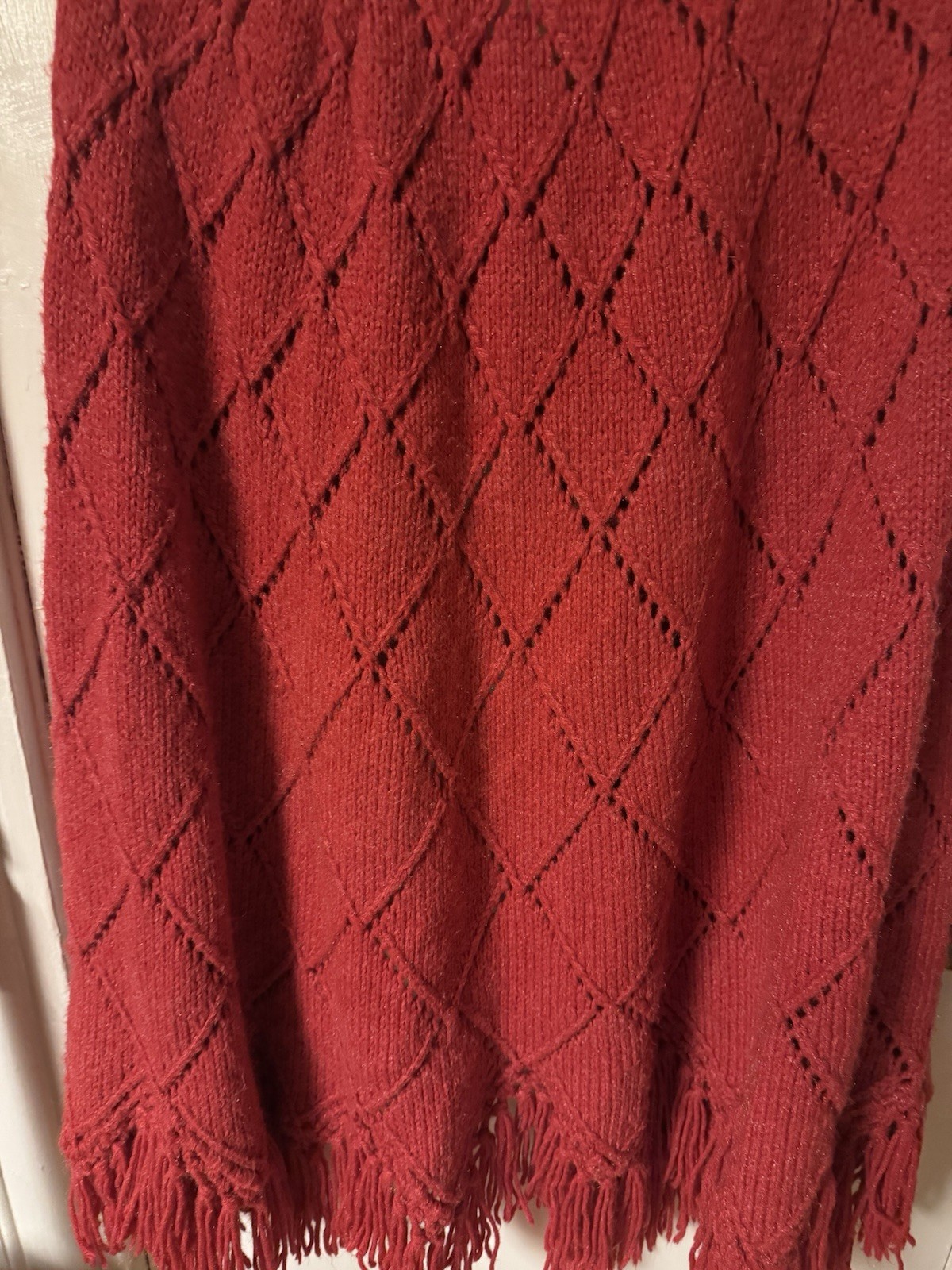 Vintage 1960-1970’s Red Hand Knit One Of A Kind Caplete With Fringe DiamondLace