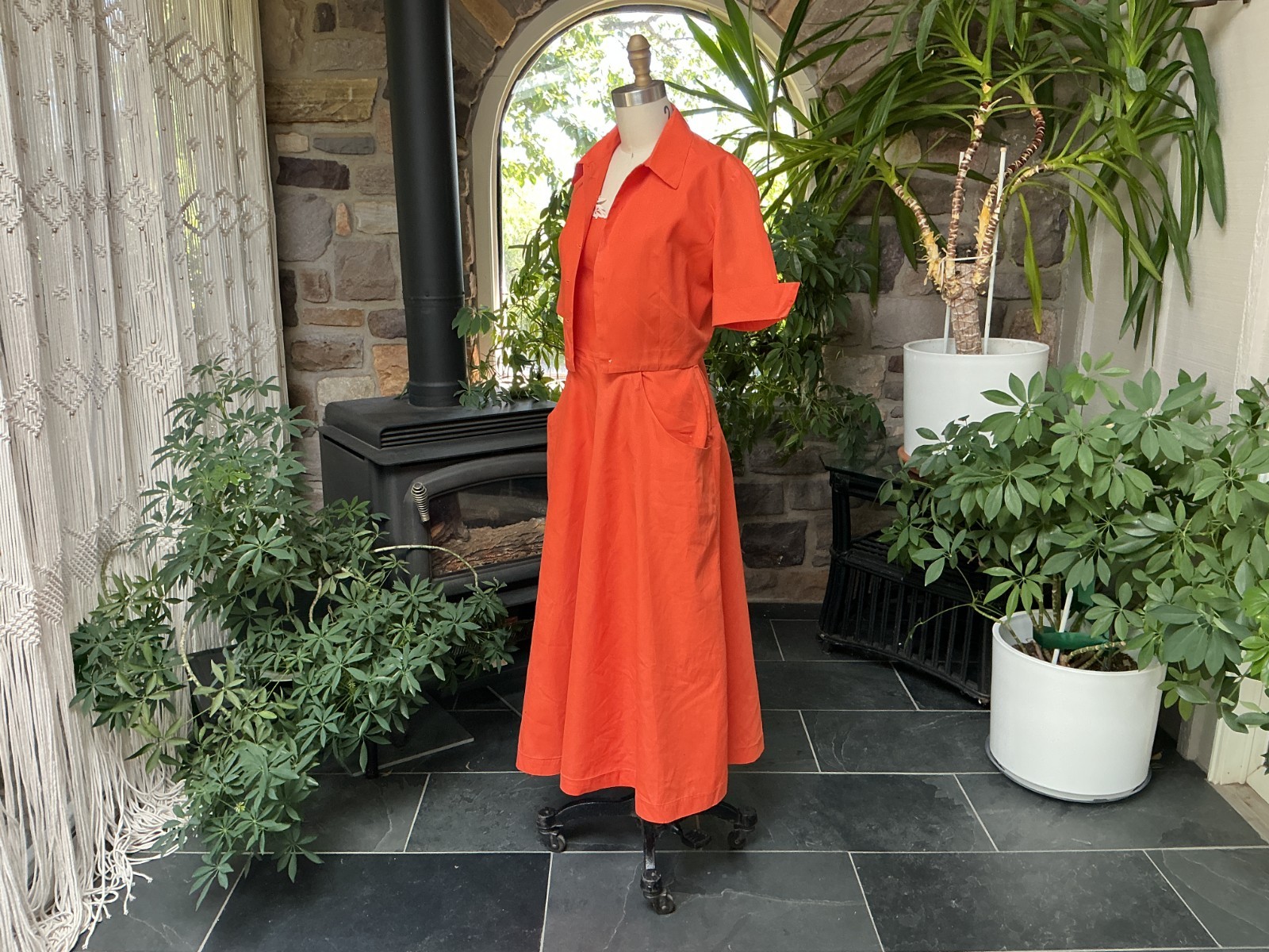Vintage 1950s Orange Cotton Strapless Dress Matching Waist Jacket Wounded Bird