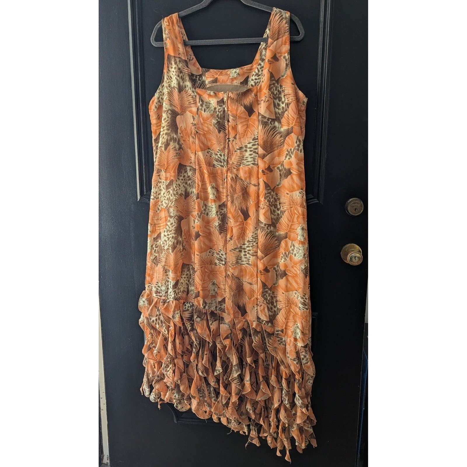 Vtg Chiffon Tropical Leopard Ruffle Midi Dress Asymmetrical Hem Sz 14 Cocktail