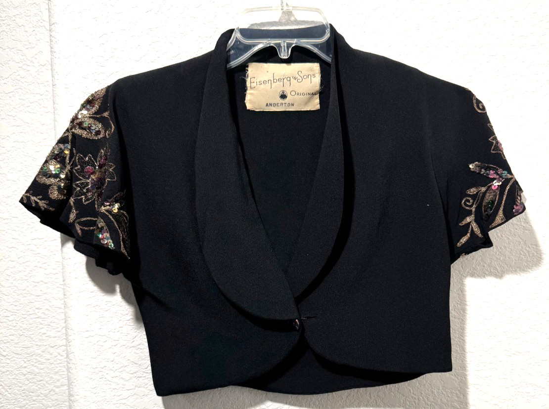 Eisenberg Maxi Dress Jacket Sequin Embroidered Rayon 2PC Formal Black 1940s Sz S