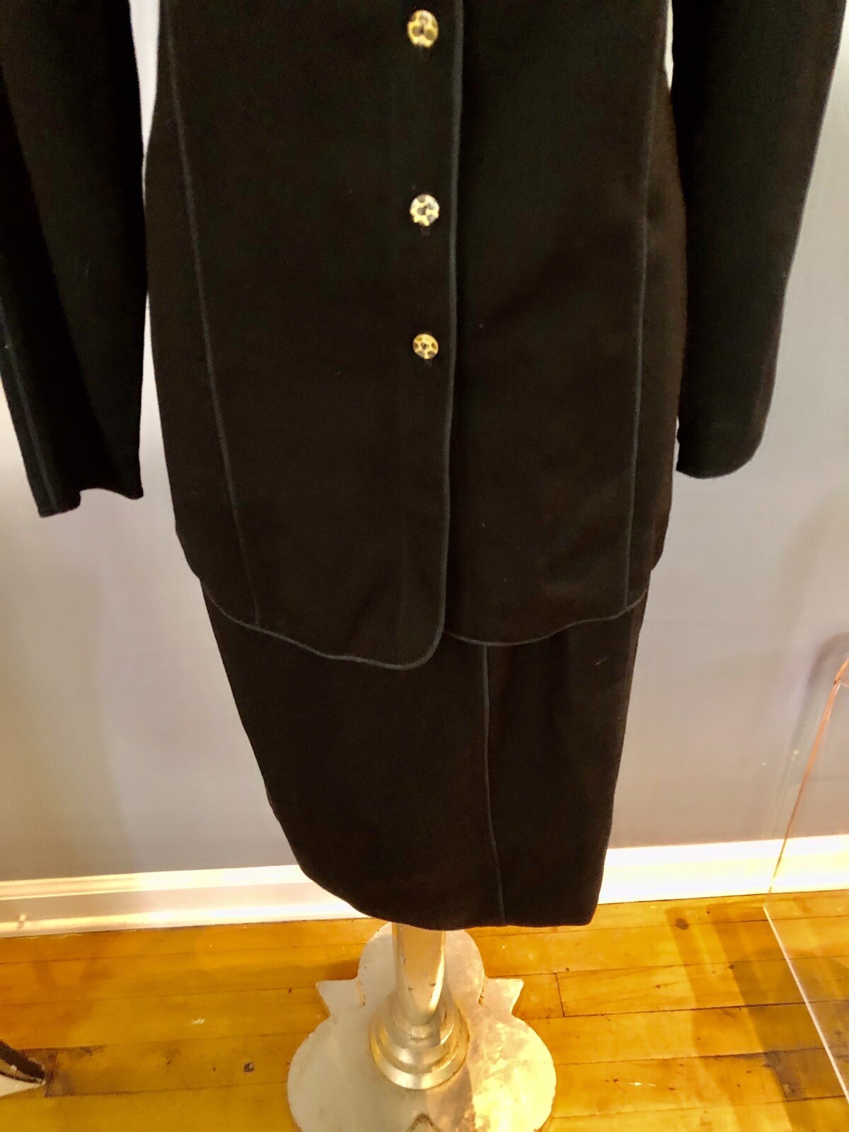 Geoffrey Beene Black Wool Jacket & Pencil Skirt Suit Military Edwardian Piping
