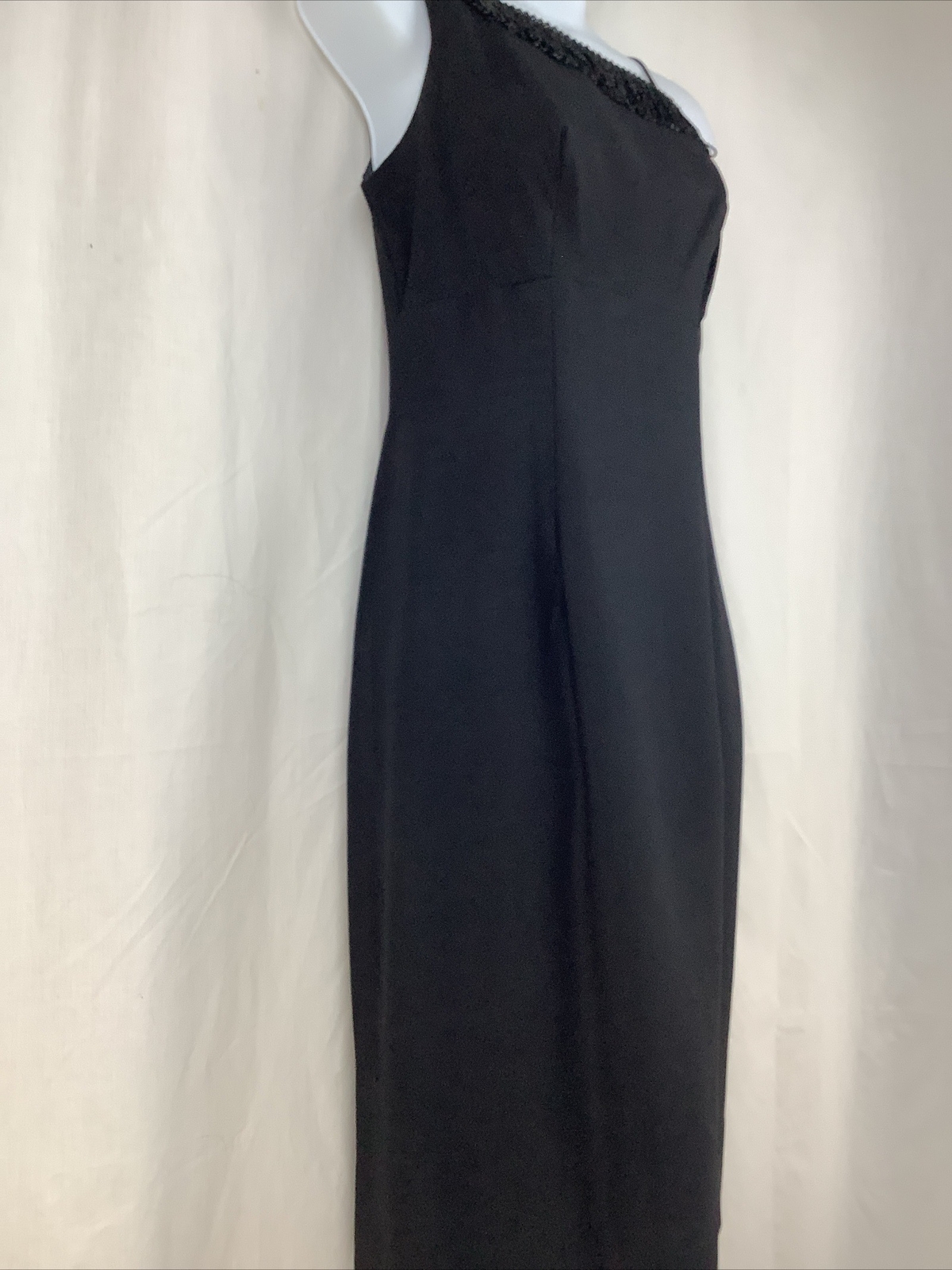 Vintage Roaring 20s Black Mini Pencil Dress Fits Like Sz 6 One Shoulder Chiffon