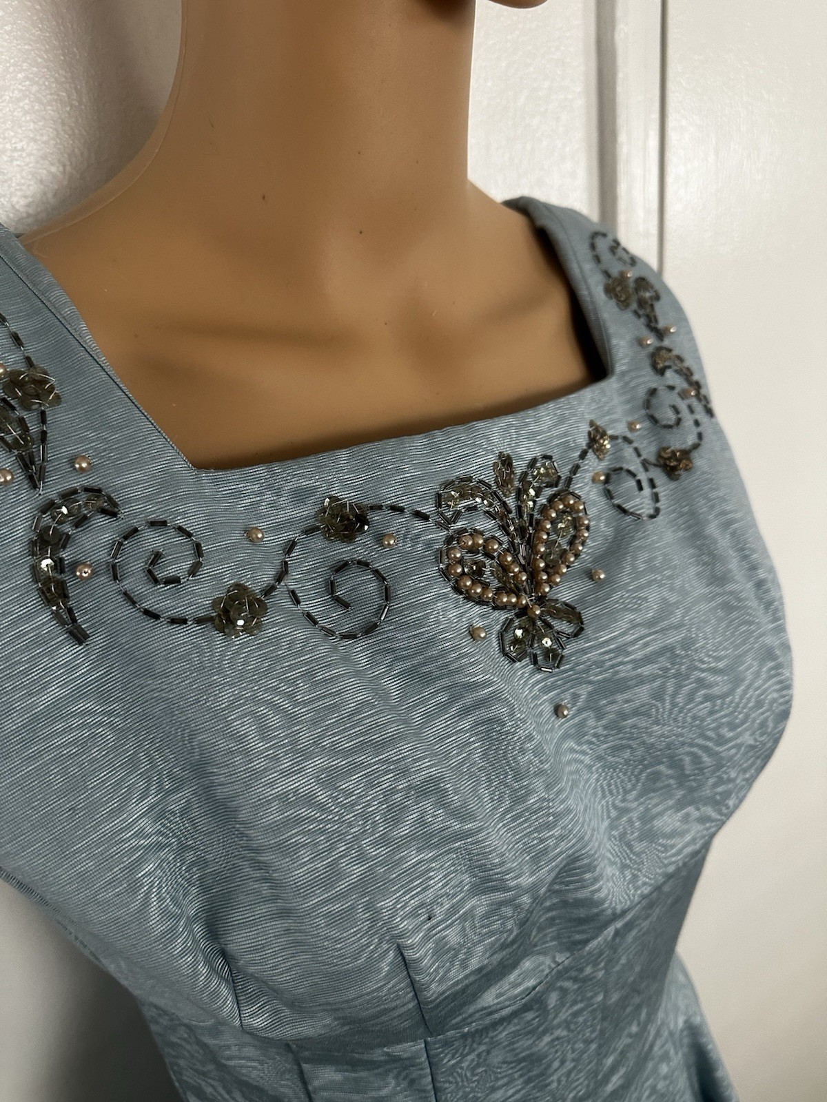 PRISTINE Vtg 1950s JUNIOR THEME Blue Moire Taffeta Dress & Bolero Set Beaded XS