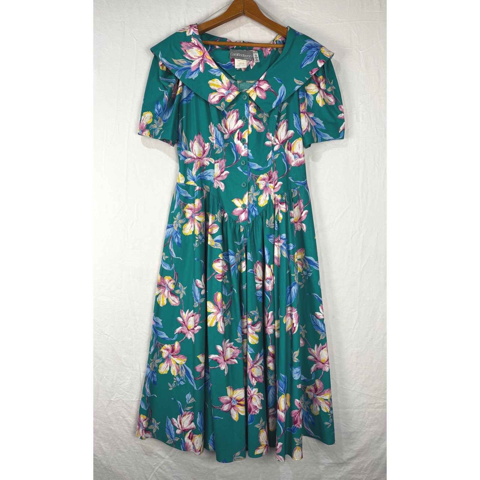 Carol Anderson California Vintage 90s Teal Green Floral Cotton Cottagecore Dress