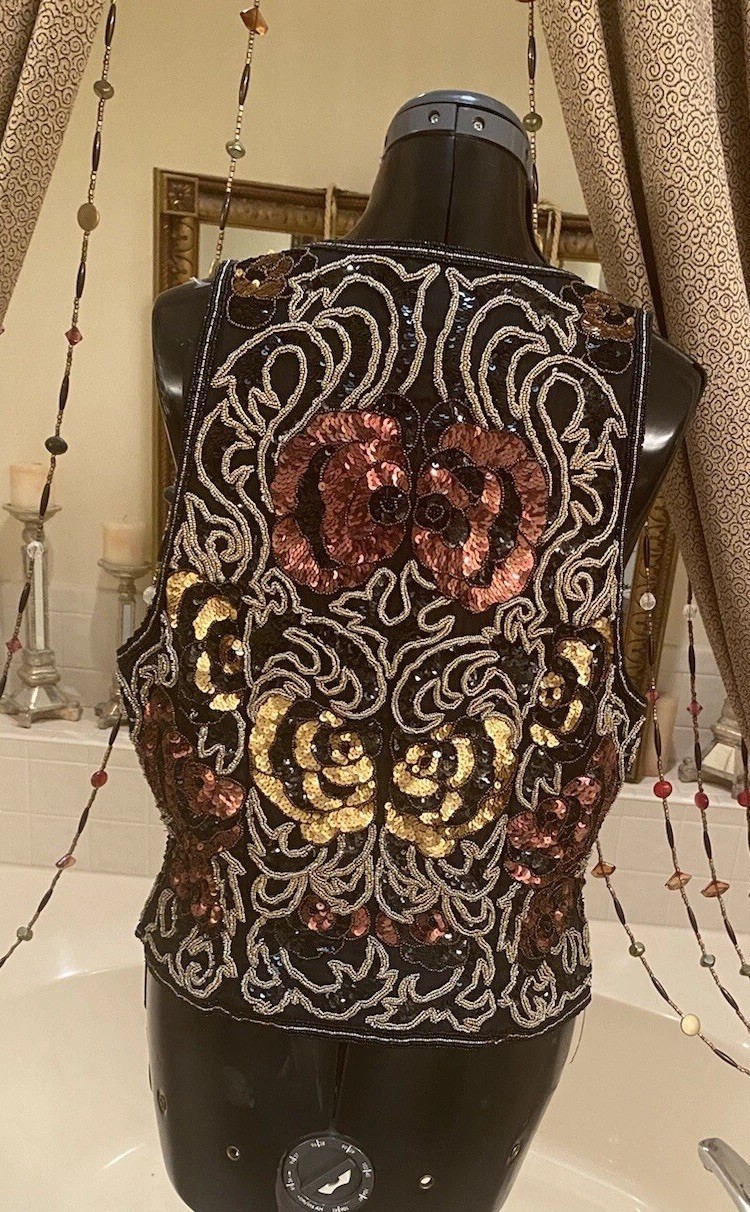 VINTAGE 80&rsquo;s Silk Beaded Sequin Vest BLACK TIE BY HE-RO Black Gold Copper L