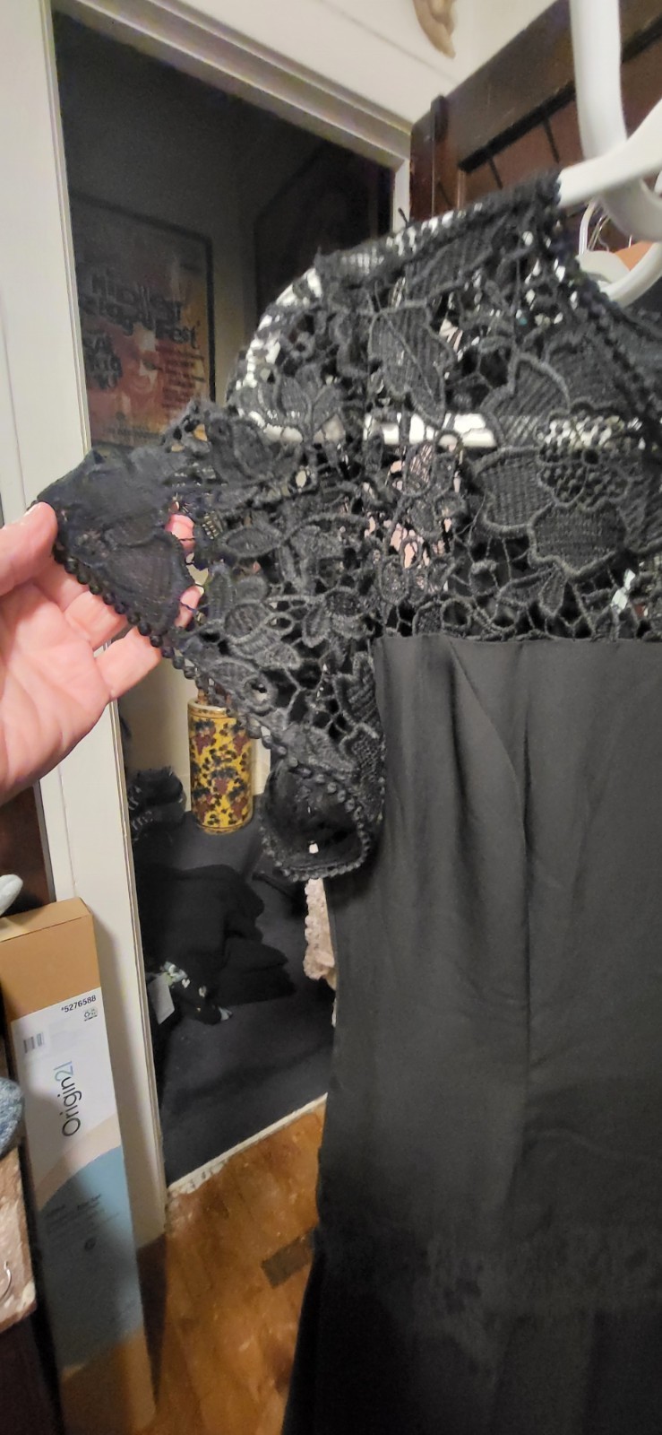 Unique Vintage Black Flapper Style-Dropped waist & Lace Trim Dress S/4