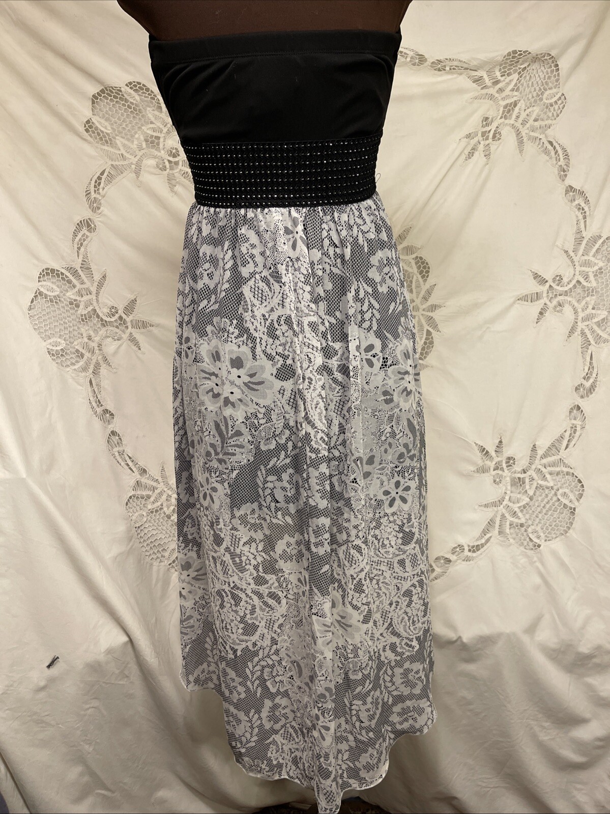 Vintage 90&rsquo;s Roberta strapless Asymmetrical Hem Black White Sparkle Prom Dress M