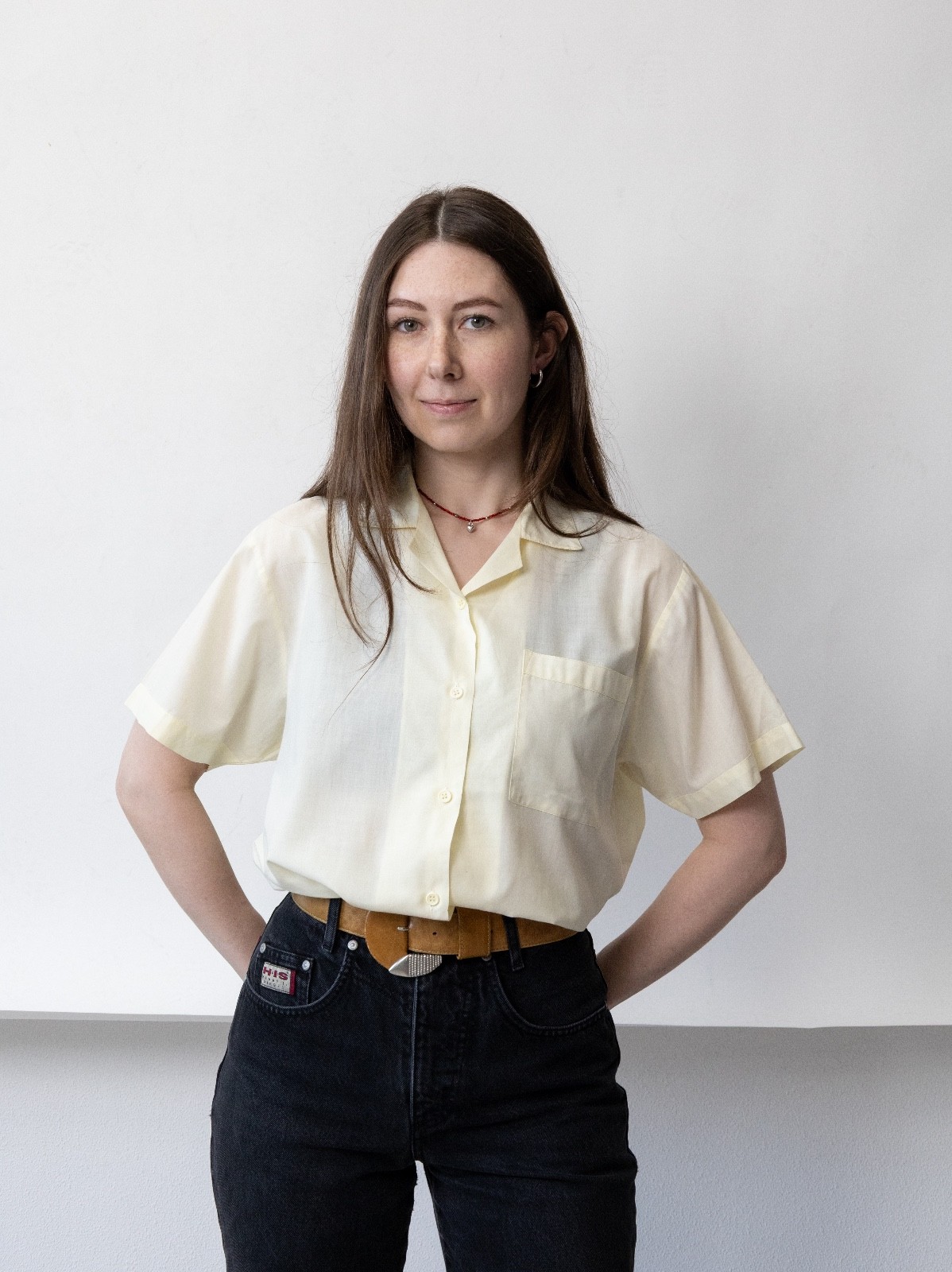 Vintage 80s Butter Yellow Camp Collar Shirt Women&rsquo;s M Short Sleeve Boxy 1980s