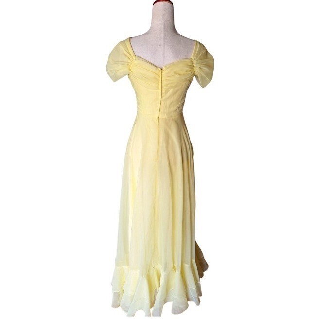 Vintage 70sButter Yellow Chiffon Sweetheart Ruffle Hem Prom Dress Size 7/8