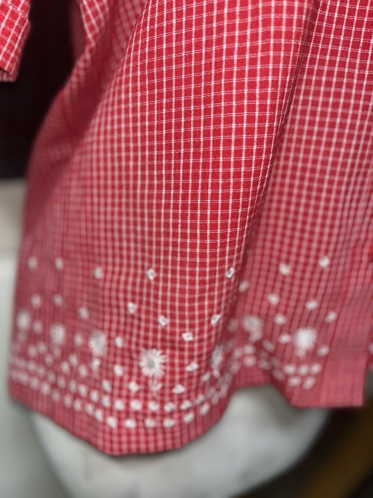 TanJay 18W Red White Gingham Embroidered Button Front Blouse Plus Size Retro