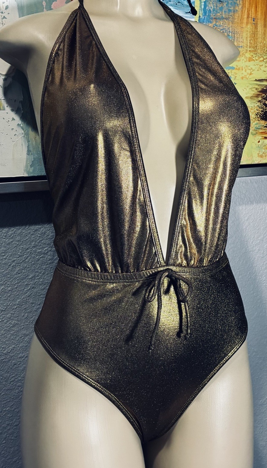 Vtg Gold Metallic One Piece Shape FX Halter Swimsuit 14