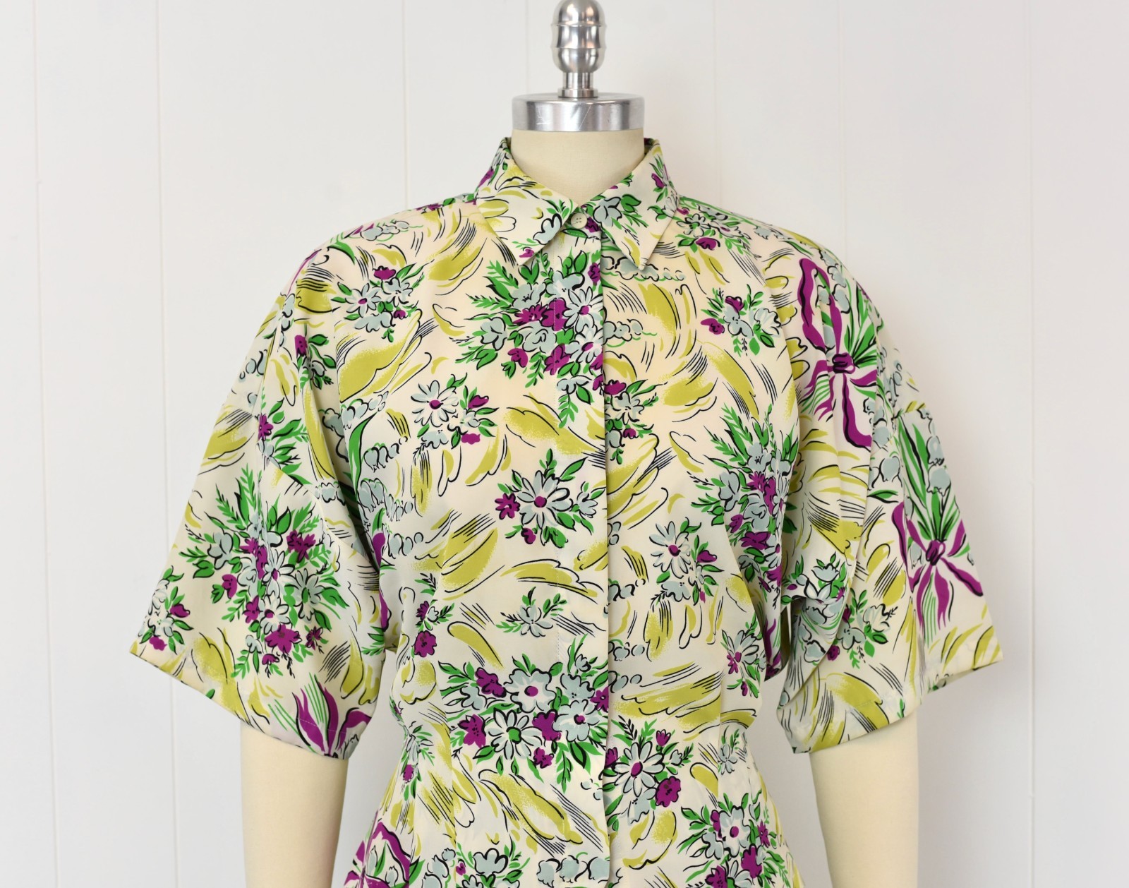 Vtg 1980s Norma Kamali Floral Ribbon Novelty Print Blouse Palazzo Pants Set