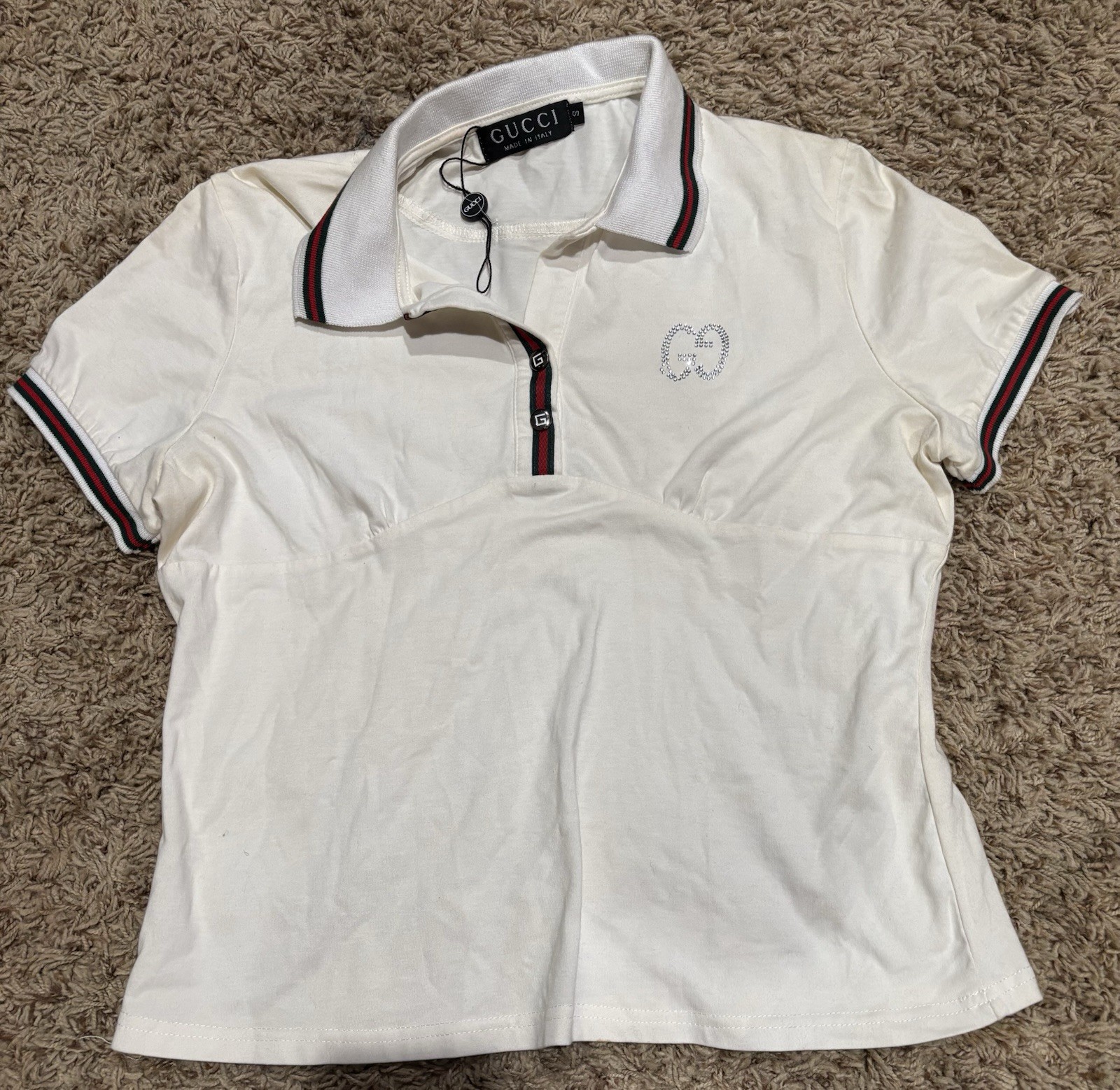 Vintage 1980s 90s Gucci Made In Italy Embellished Polo White Shirt Top Size S