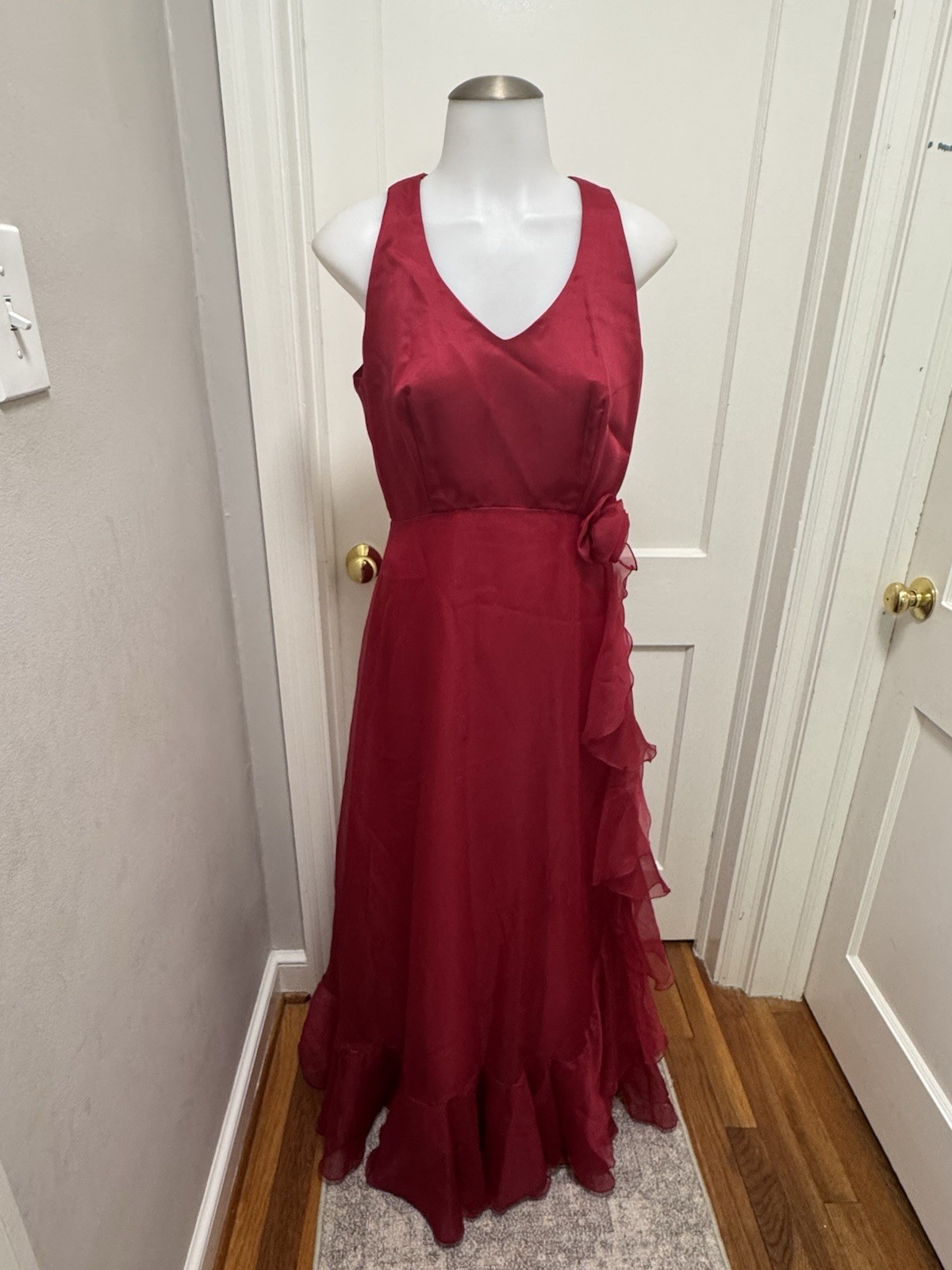 Vintage Sylvia Ann Red Chiffon Ruffle Maxi Dress Gown Romantic Prom Formal Sz 12