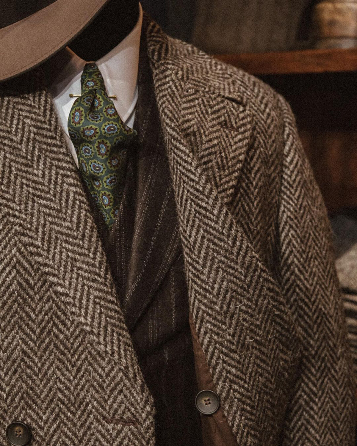 Herringbone Men Long Overcoats Brown Tweed Business Double Breasted Outdoor Wear