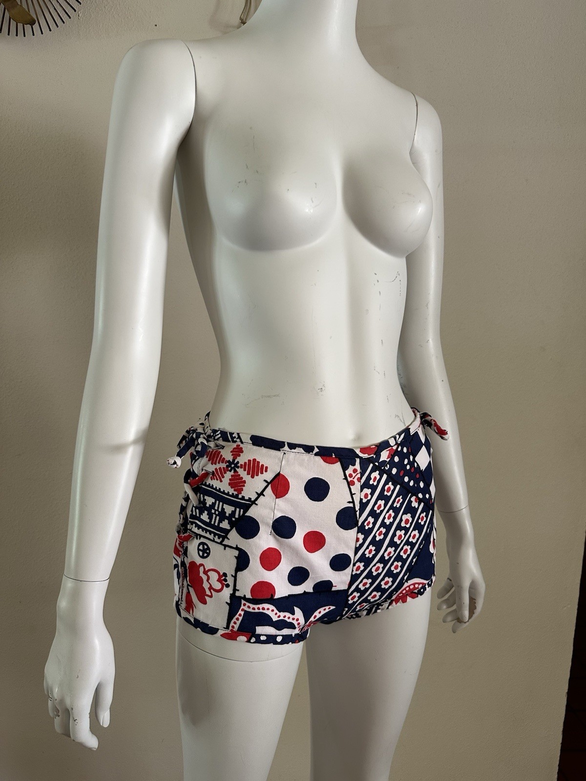 1960s Patchwork Print Lace Up Swim Bottoms Hot Pants Mod Floral Polka Dot S VTG